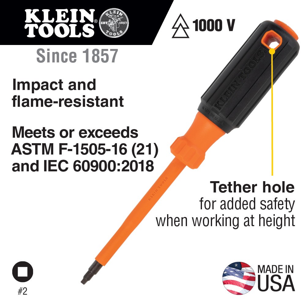 slide 2 of 6, Klein Tools Insulated Screwdriver, #2 Square, 4-Inch Round Shank, 1 ct