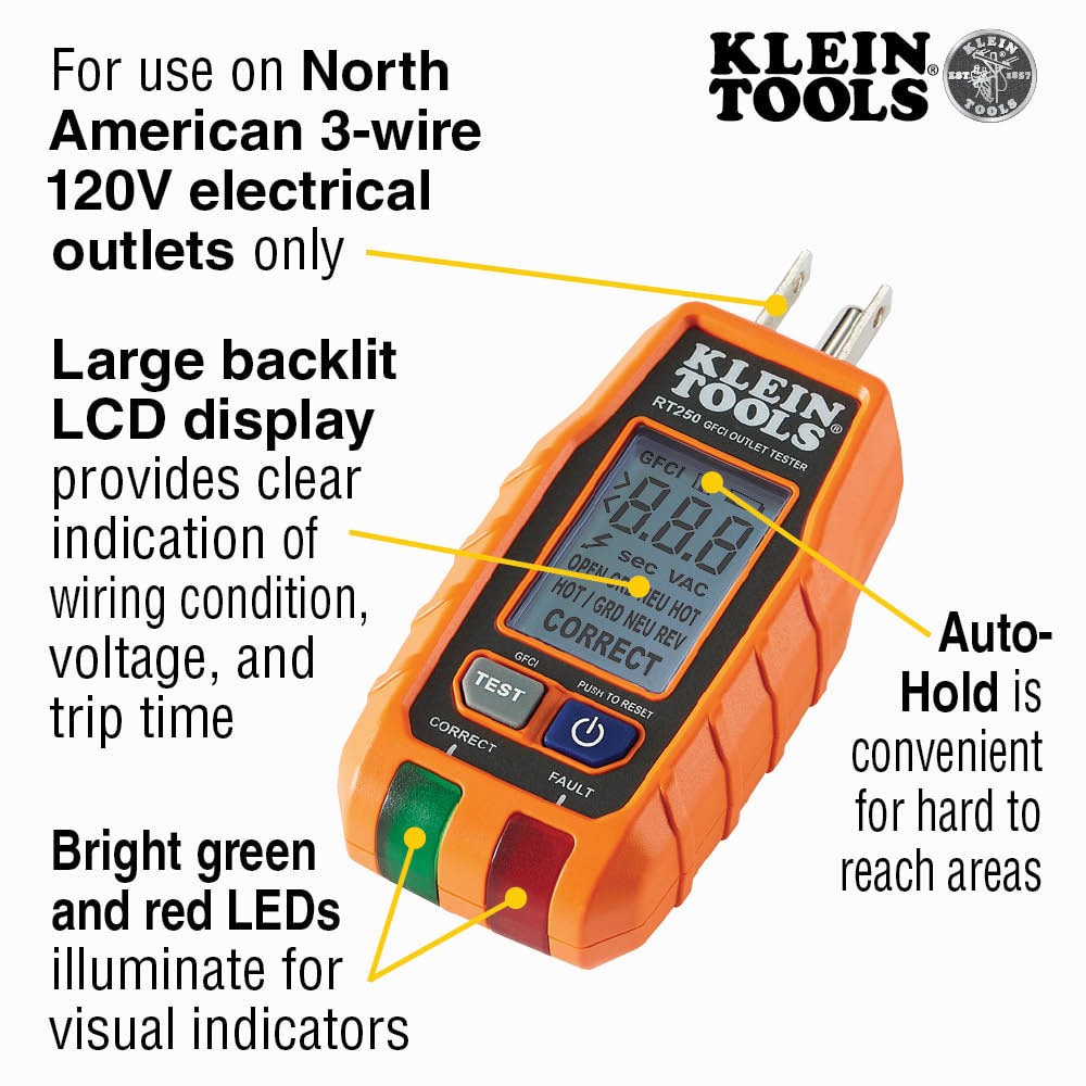 slide 2 of 6, Klein Tools GFCI Receptacle Tester with LCD, 1 ct
