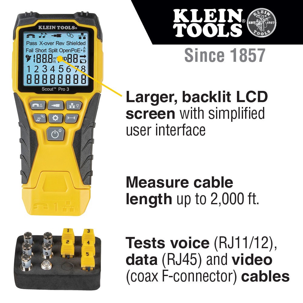 slide 2 of 6, Klein Tools Ethernet Cable Tester Kit with Scout Pro 3 Tester, Remotes and Adapter, 1 ct