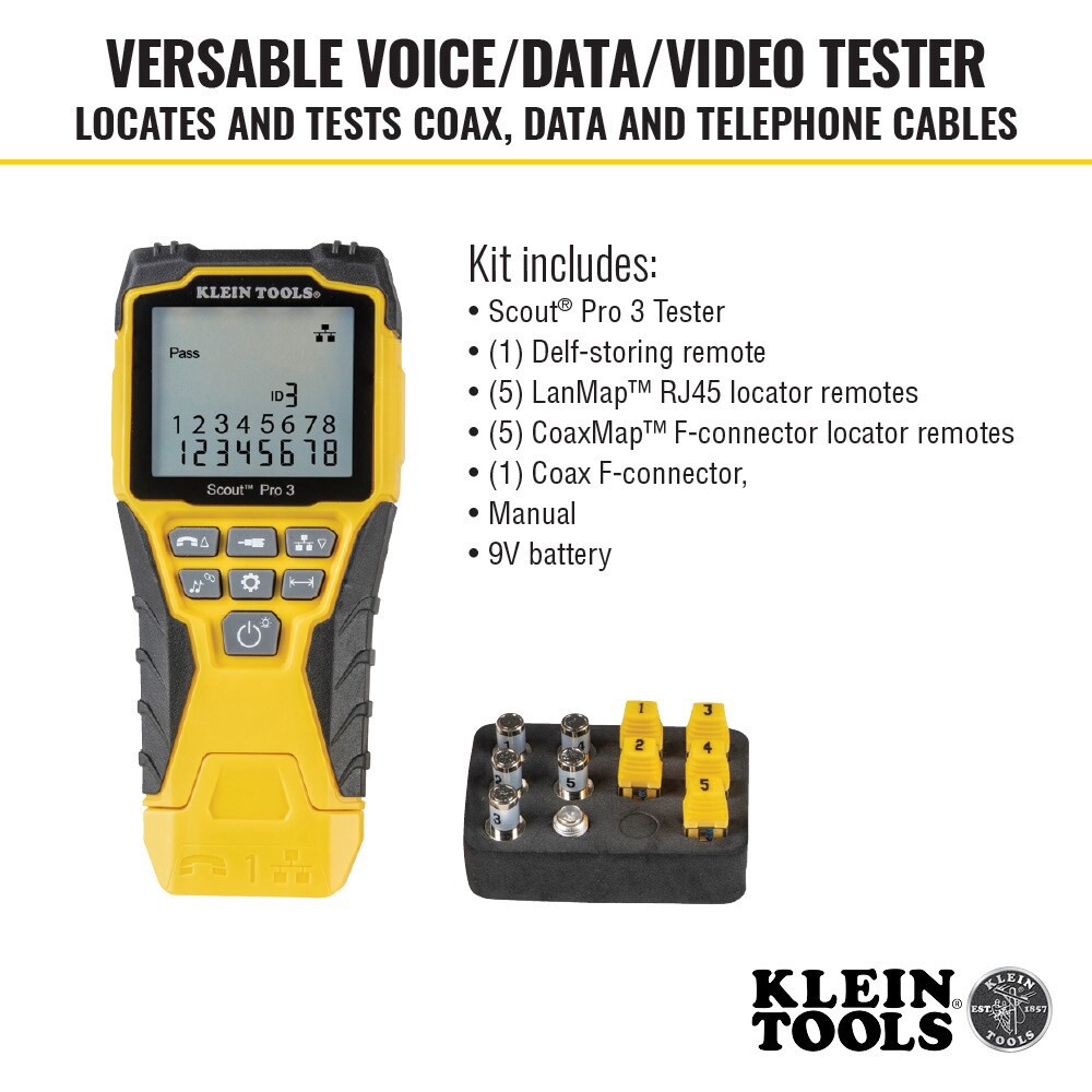 slide 4 of 6, Klein Tools Ethernet Cable Tester Kit with Scout Pro 3 Tester, Remotes and Adapter, 1 ct