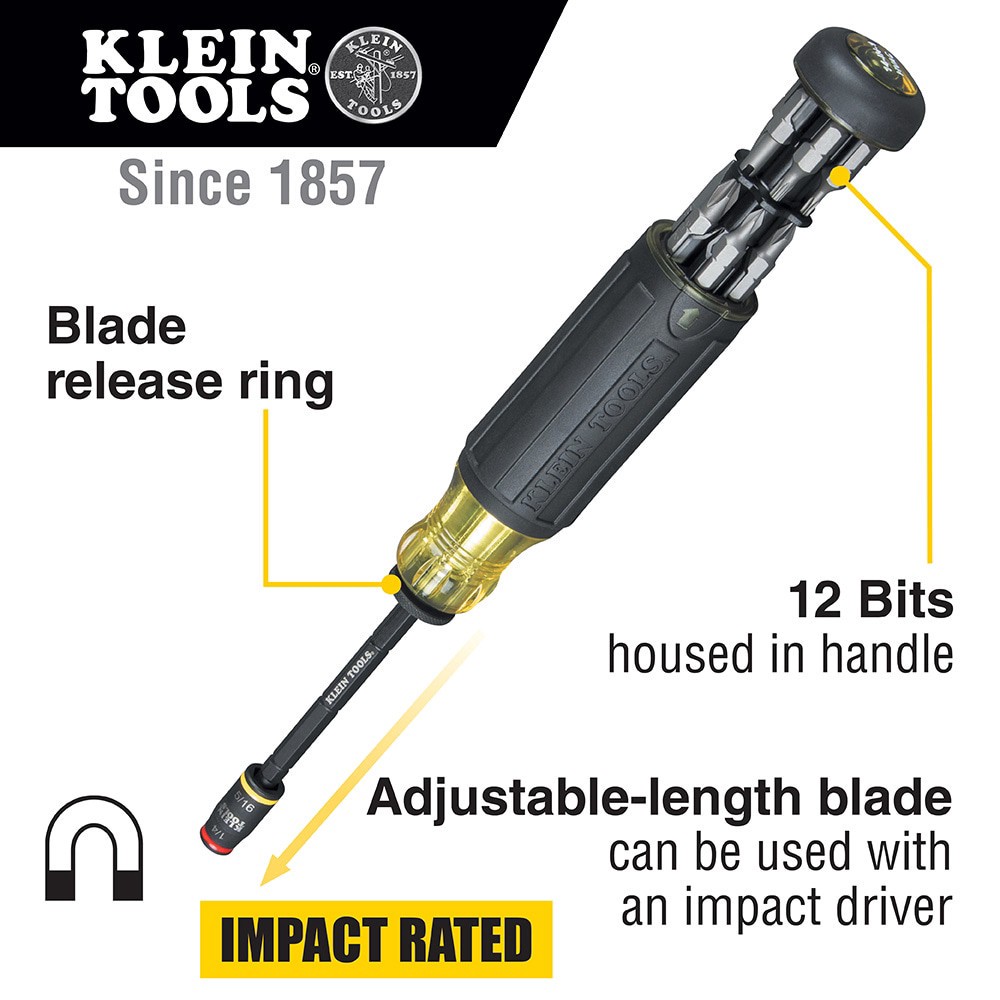 slide 2 of 6, Klein Tools 14-in-1 HVAC Adjustable-Length Impact Screwdriver with Flip Socket, 1 ct