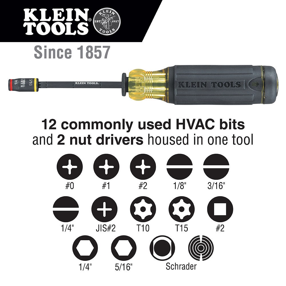slide 3 of 6, Klein Tools 14-in-1 HVAC Adjustable-Length Impact Screwdriver with Flip Socket, 1 ct