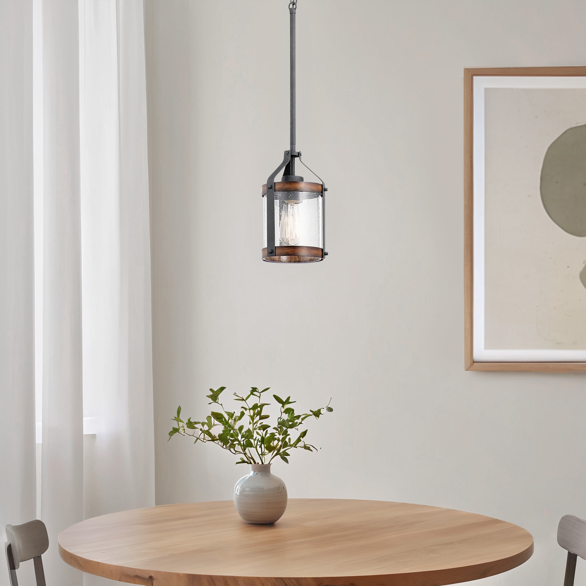 slide 2 of 6, Kichler Barrington 1 -Light Distressed Black and Wood Tone Farmhouse Seeded glass Cylinder Small Hanging Pendant light, 1 ct