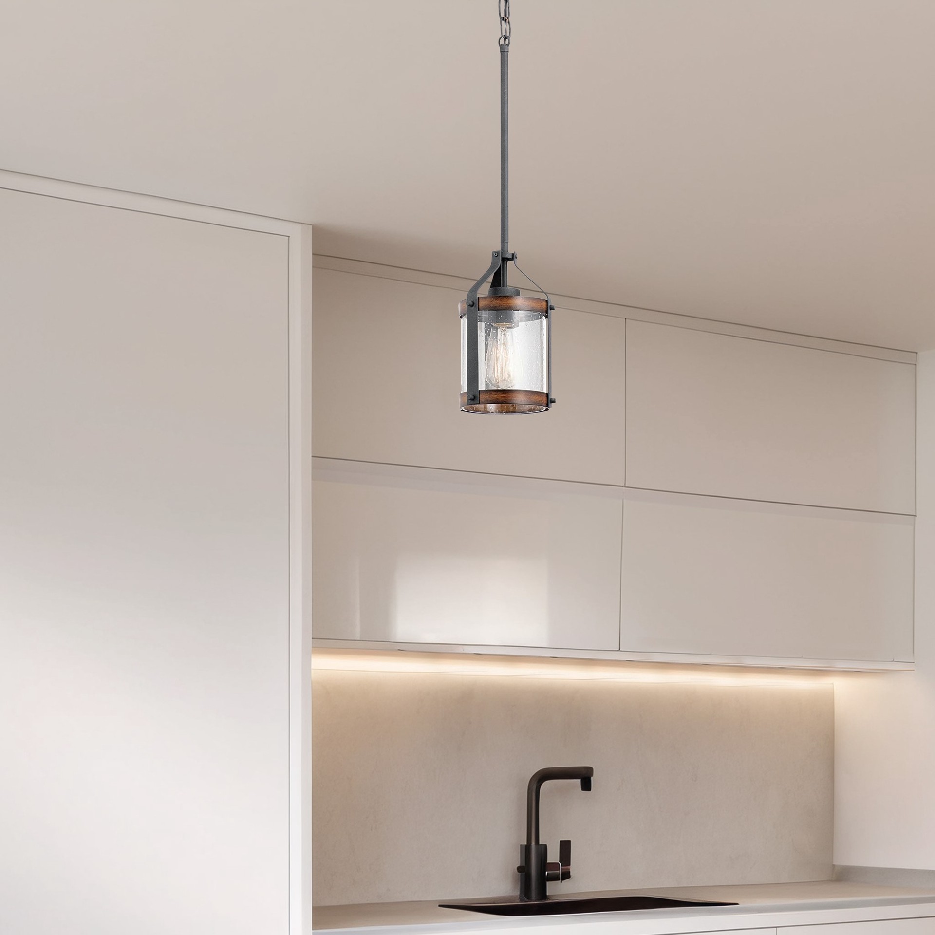 slide 3 of 6, Kichler Barrington 1 -Light Distressed Black and Wood Tone Farmhouse Seeded glass Cylinder Small Hanging Pendant light, 1 ct