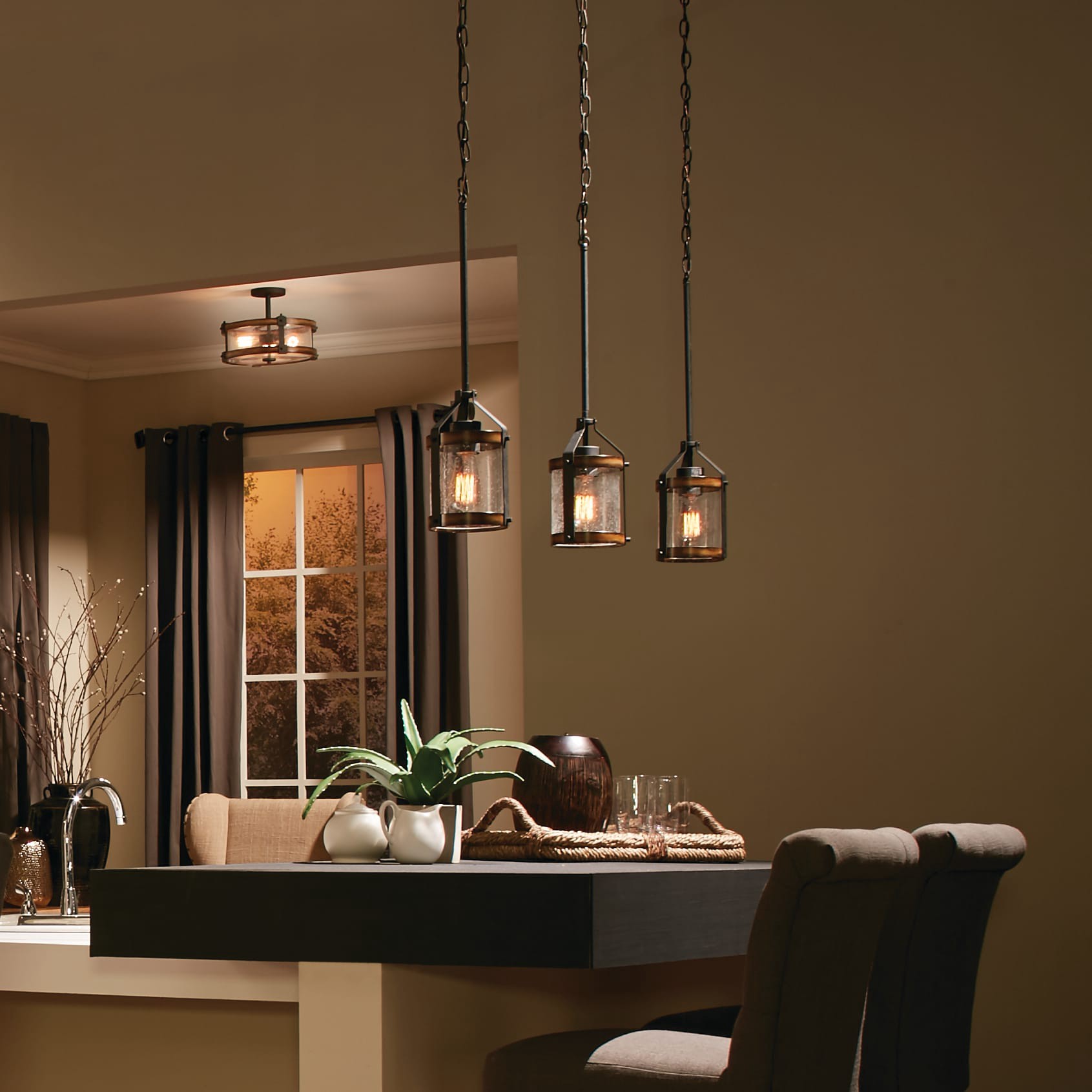 slide 4 of 6, Kichler Barrington 1 -Light Distressed Black and Wood Tone Farmhouse Seeded glass Cylinder Small Hanging Pendant light, 1 ct