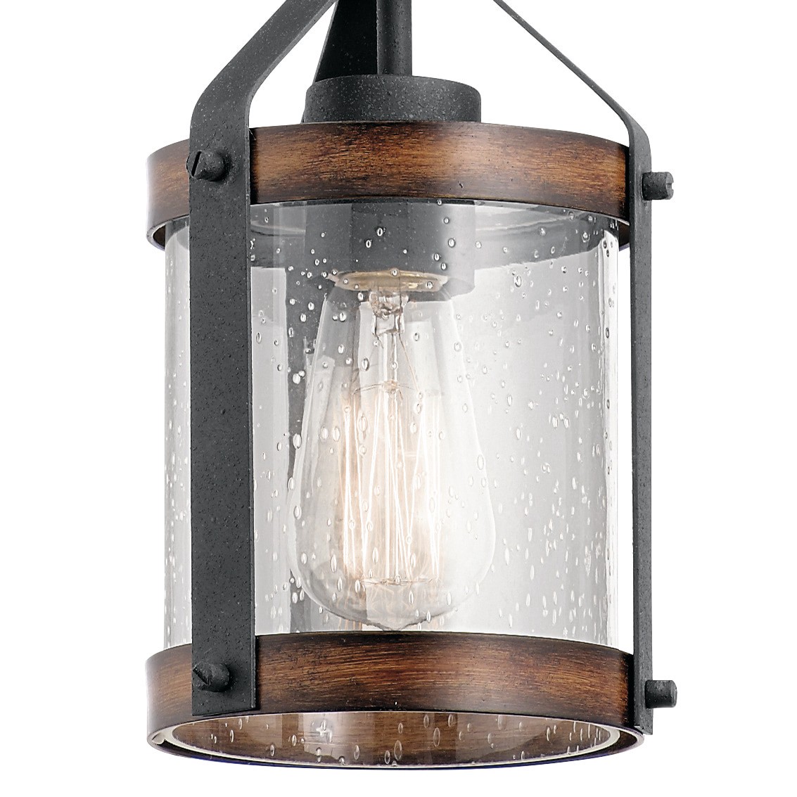 slide 6 of 6, Kichler Barrington 1 -Light Distressed Black and Wood Tone Farmhouse Seeded glass Cylinder Small Hanging Pendant light, 1 ct