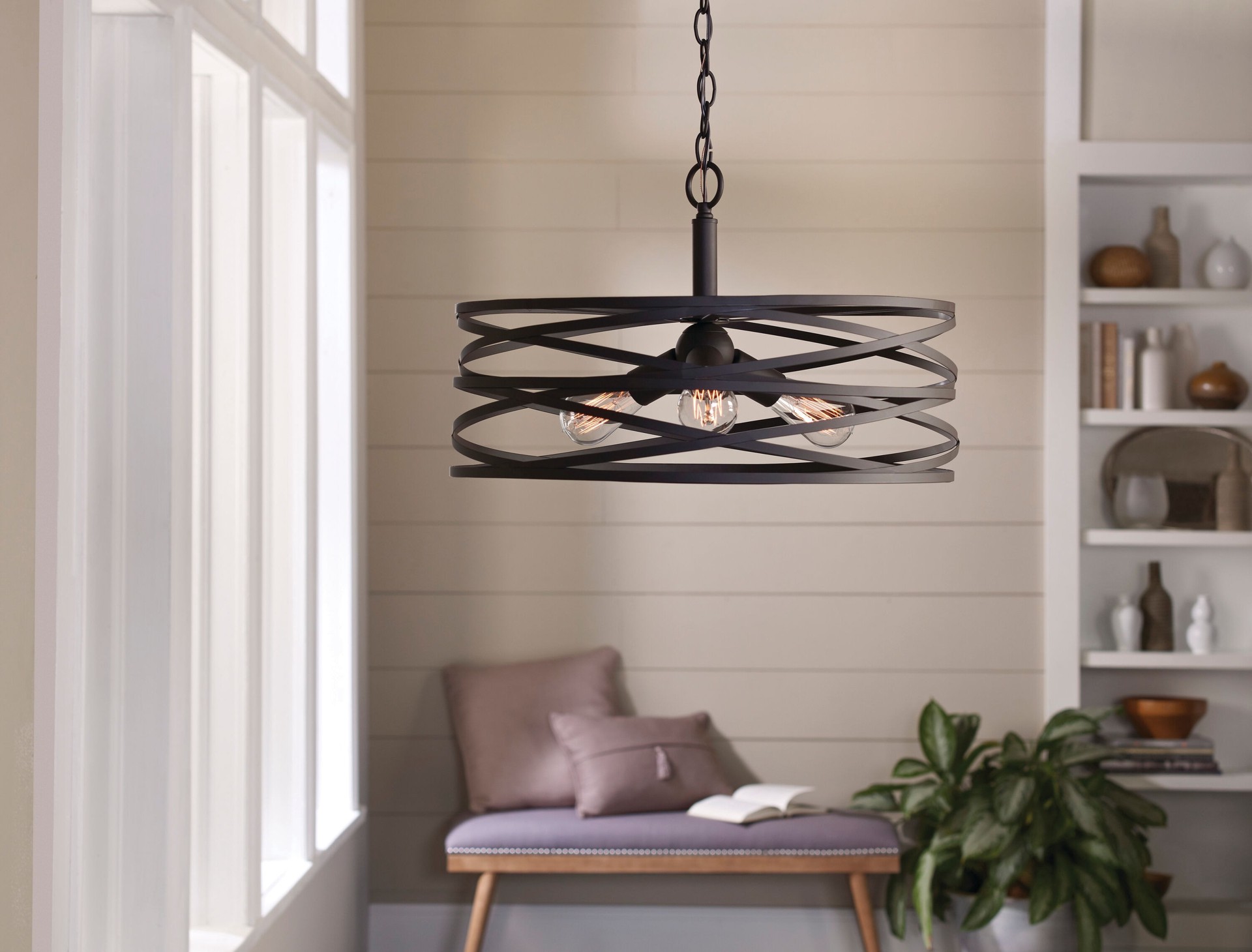 slide 2 of 6, allen + roth Winship 3 -Light Bronze Modern/contemporary Drum Medium Hanging Pendant light, 1 ct