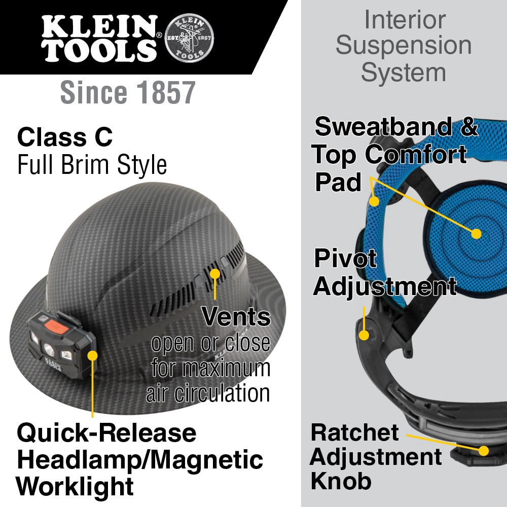 slide 2 of 6, Klein Tools Hard Hat, Premium KARBN Pattern, Vented Full Brim, Class C, Lamp, 1 ct