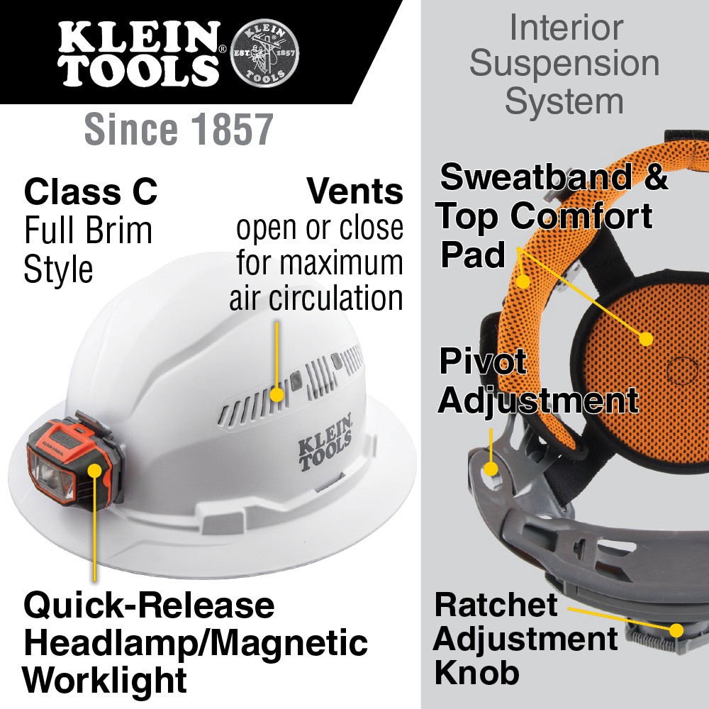 slide 2 of 6, Klein Tools Hard Hat, Vented, Full Brim with Headlamp, White, 1 ct