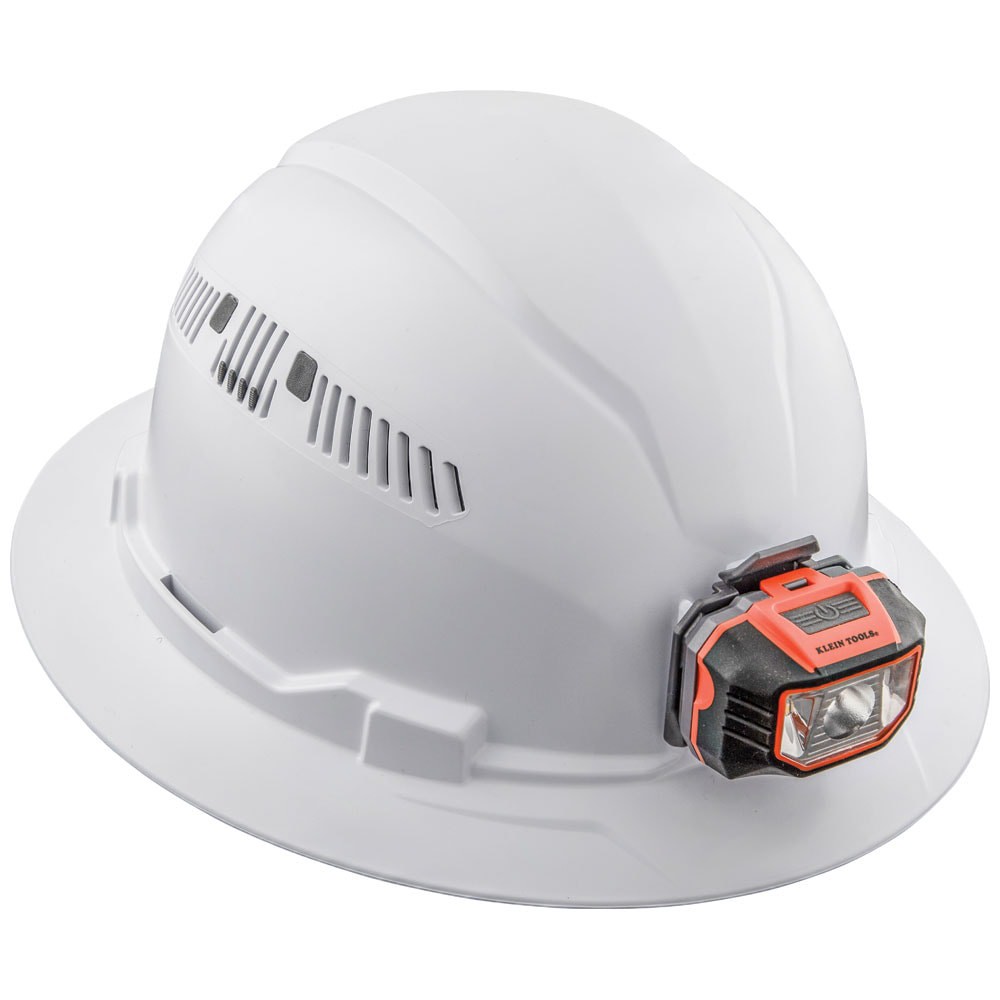 slide 5 of 6, Klein Tools Hard Hat, Vented, Full Brim with Headlamp, White, 1 ct