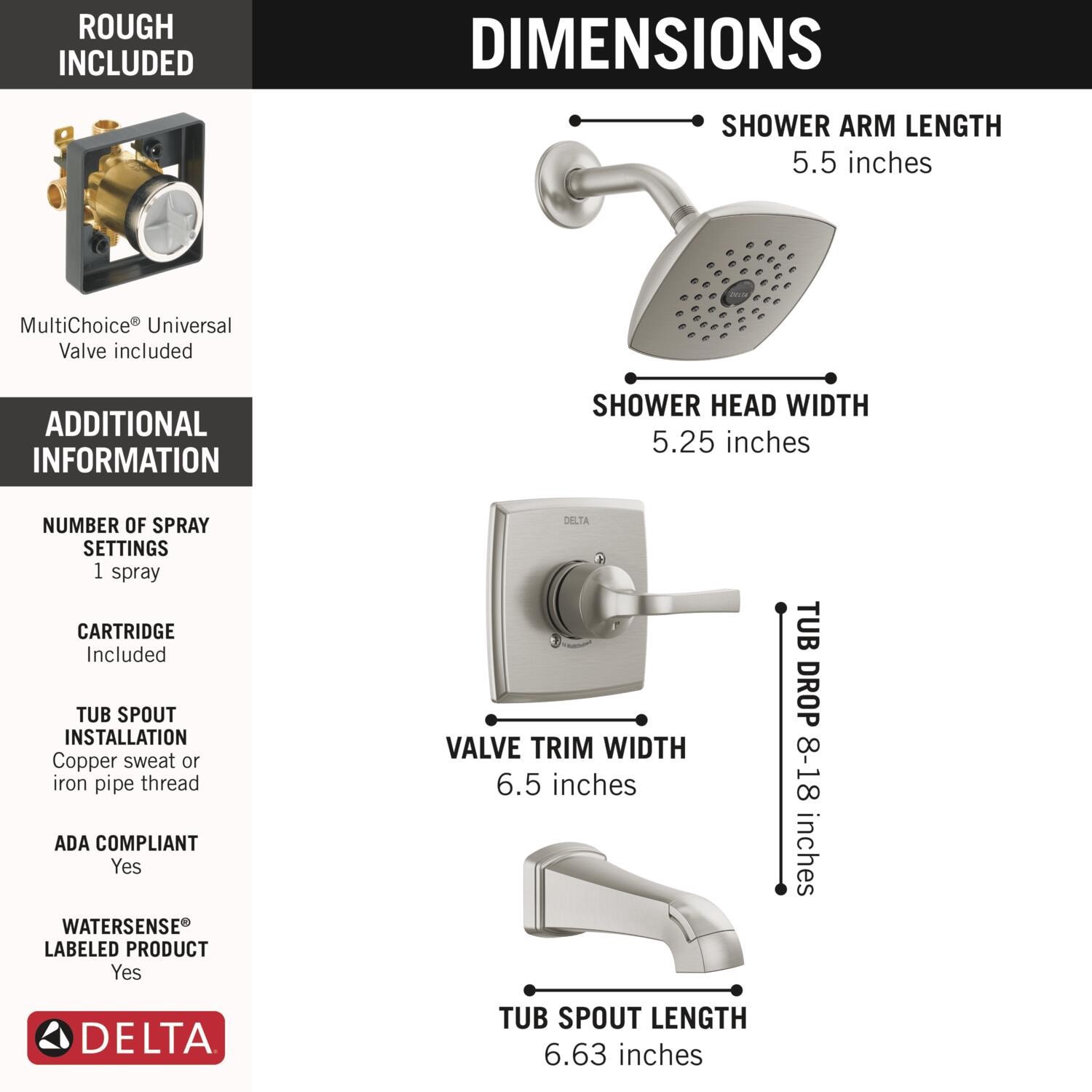 slide 3 of 6, Delta Knoxville Brushed Nickel 1-handle 5.25-in Square Bathtub and shower Faucet with Valve (Single Function), 1 ct