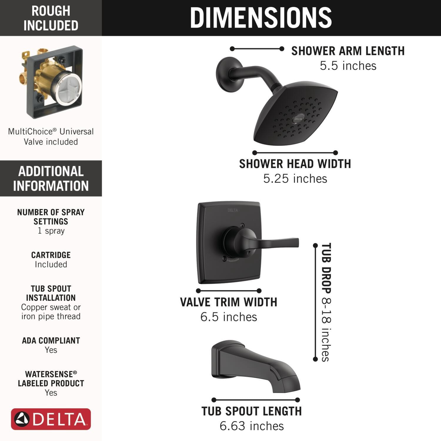 slide 3 of 6, Delta Knoxville Matte Black 1-handle 5.25-in Square Bathtub and shower Faucet with Valve (Single Function), 1 ct