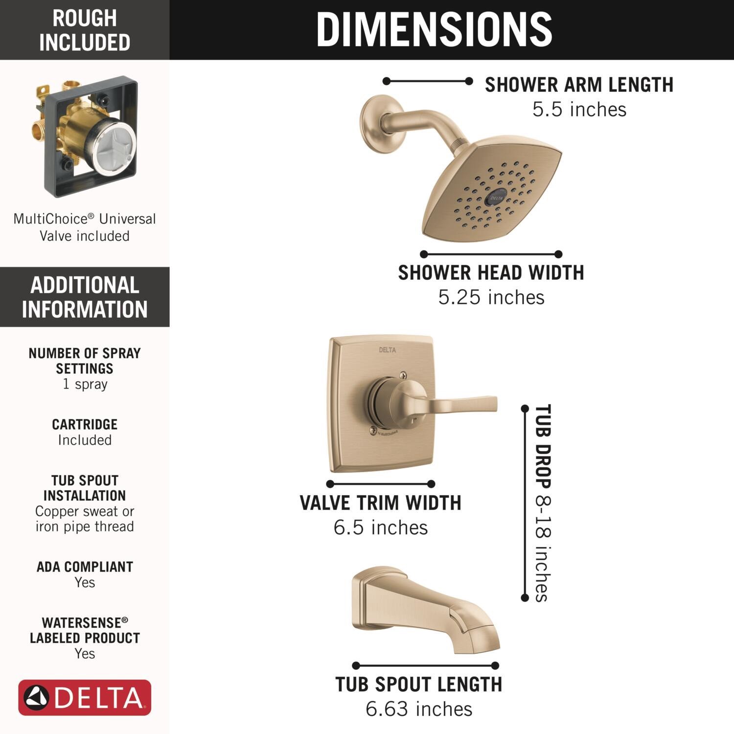 slide 3 of 6, Delta Knoxville Champagne Bronze 1-handle 5.25-in Square Bathtub and shower Faucet with Valve (Single Function), 1 ct