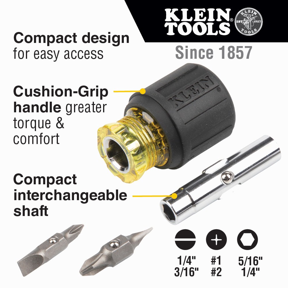 slide 2 of 6, Klein Tools Multi-Bit Screwdriver / Nut Driver, 6-in-1, Stubby, Ph, Sl Bits, 1 ct