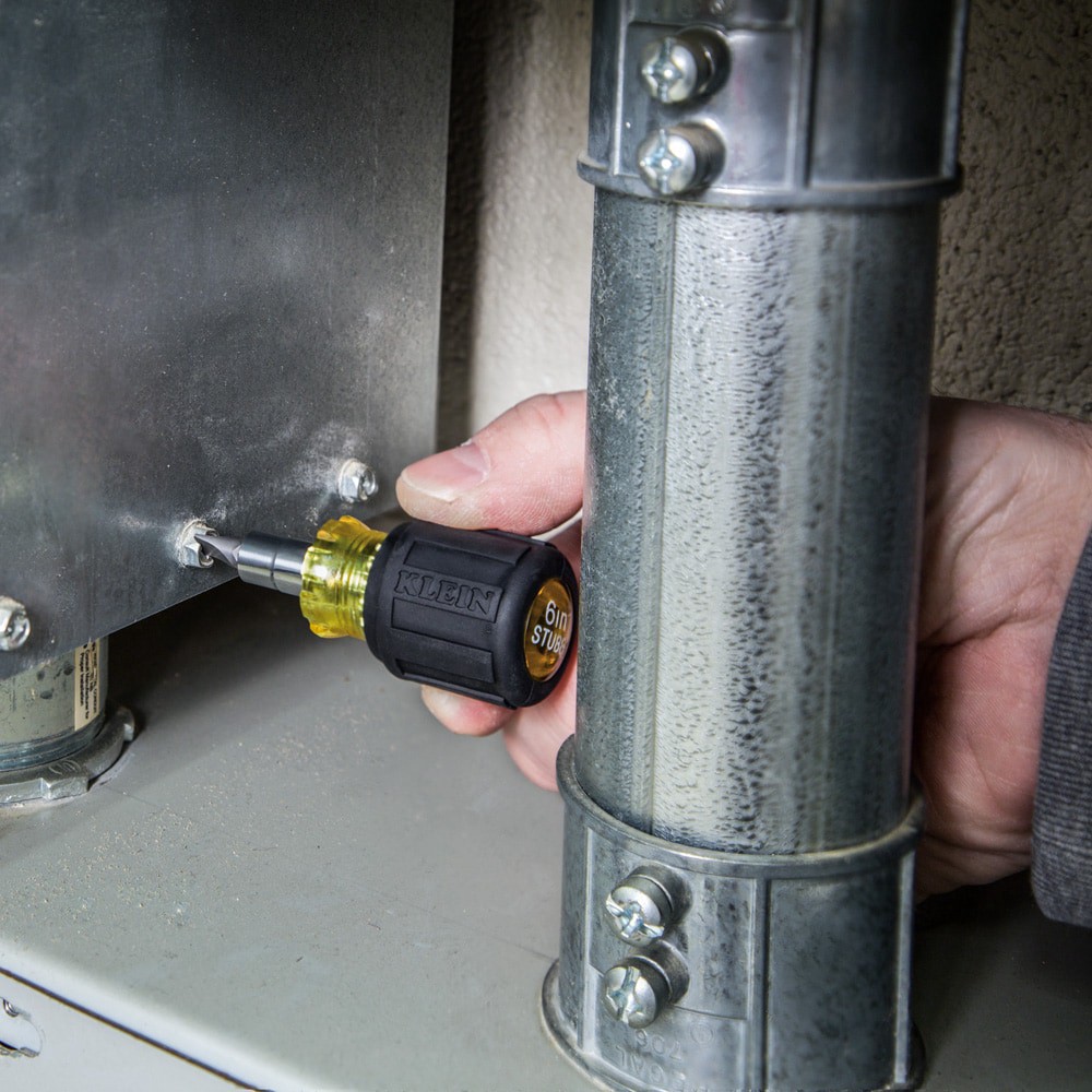 slide 4 of 6, Klein Tools Multi-Bit Screwdriver / Nut Driver, 6-in-1, Stubby, Ph, Sl Bits, 1 ct