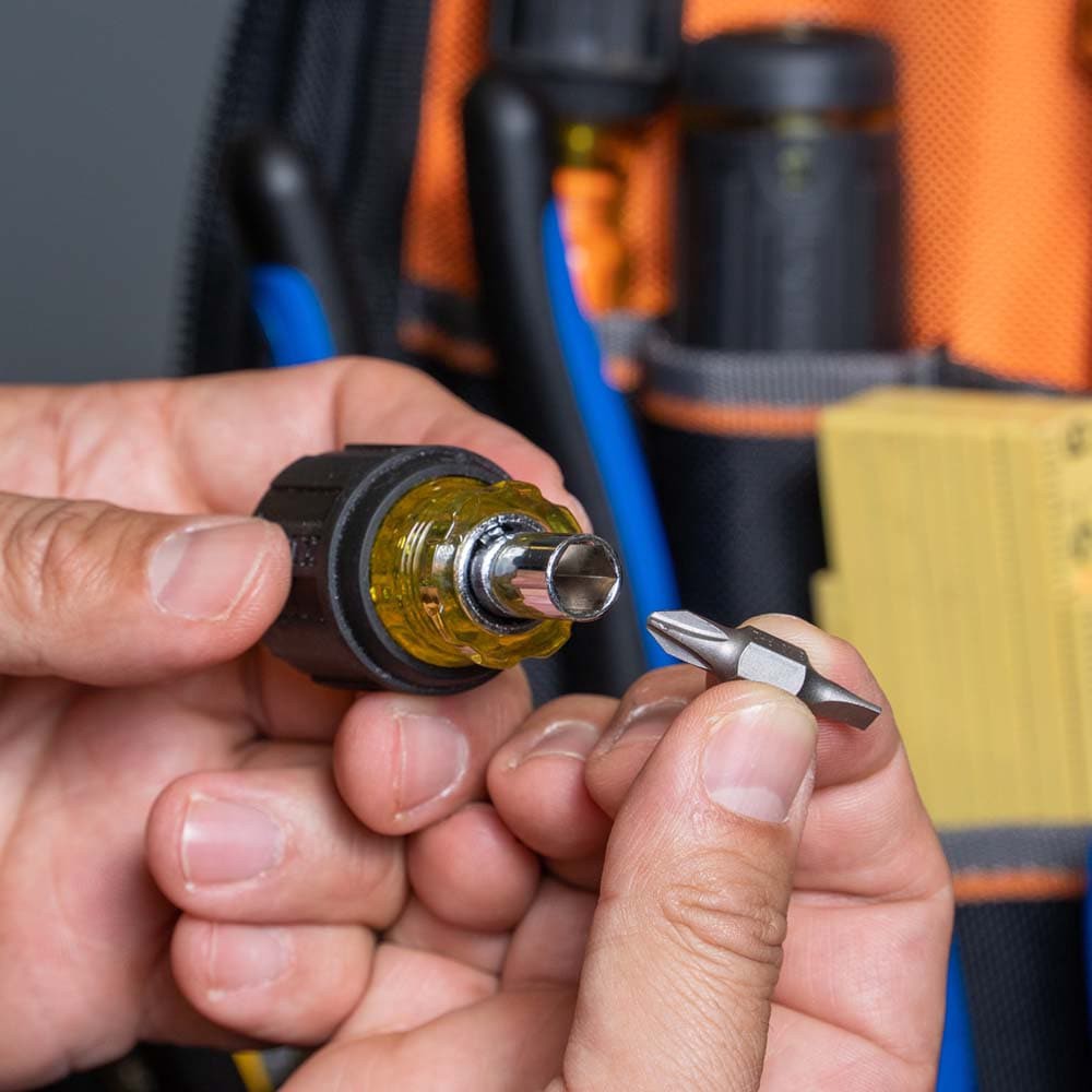 slide 5 of 6, Klein Tools Multi-Bit Screwdriver / Nut Driver, 6-in-1, Stubby, Ph, Sl Bits, 1 ct