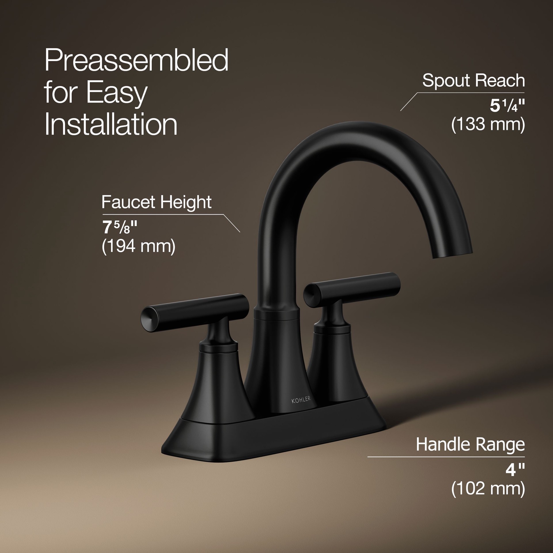slide 4 of 6, KOHLER Rill Matte Black 4-in centerset 2-handle WaterSense Mid-arc Residential Handle Bathroom Sink Faucet with Drain, 1 ct
