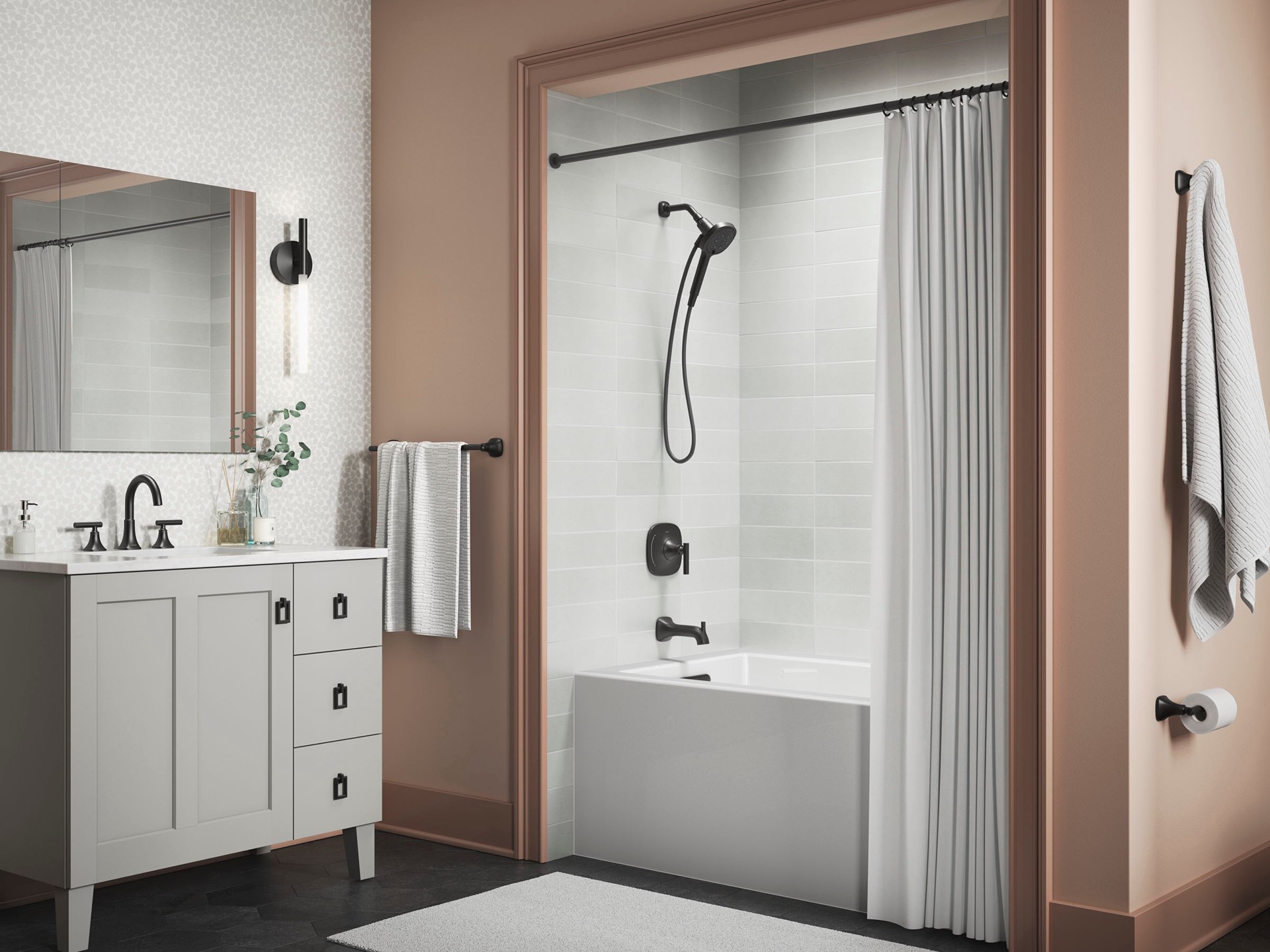 slide 2 of 6, KOHLER Rill Rite-Temp Matte Black 1-handle 4.59-in Round Bathtub and shower Faucet with Valve (Handheld), 1 ct