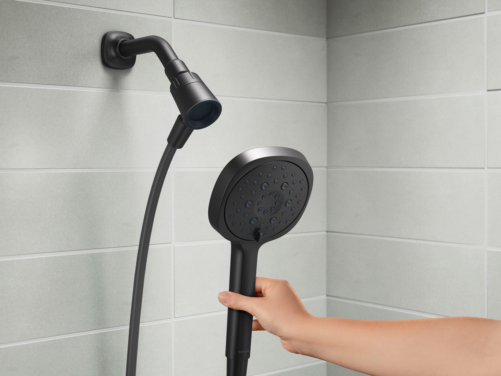 slide 4 of 6, KOHLER Rill Rite-Temp Matte Black 1-handle 4.59-in Round Bathtub and shower Faucet with Valve (Handheld), 1 ct