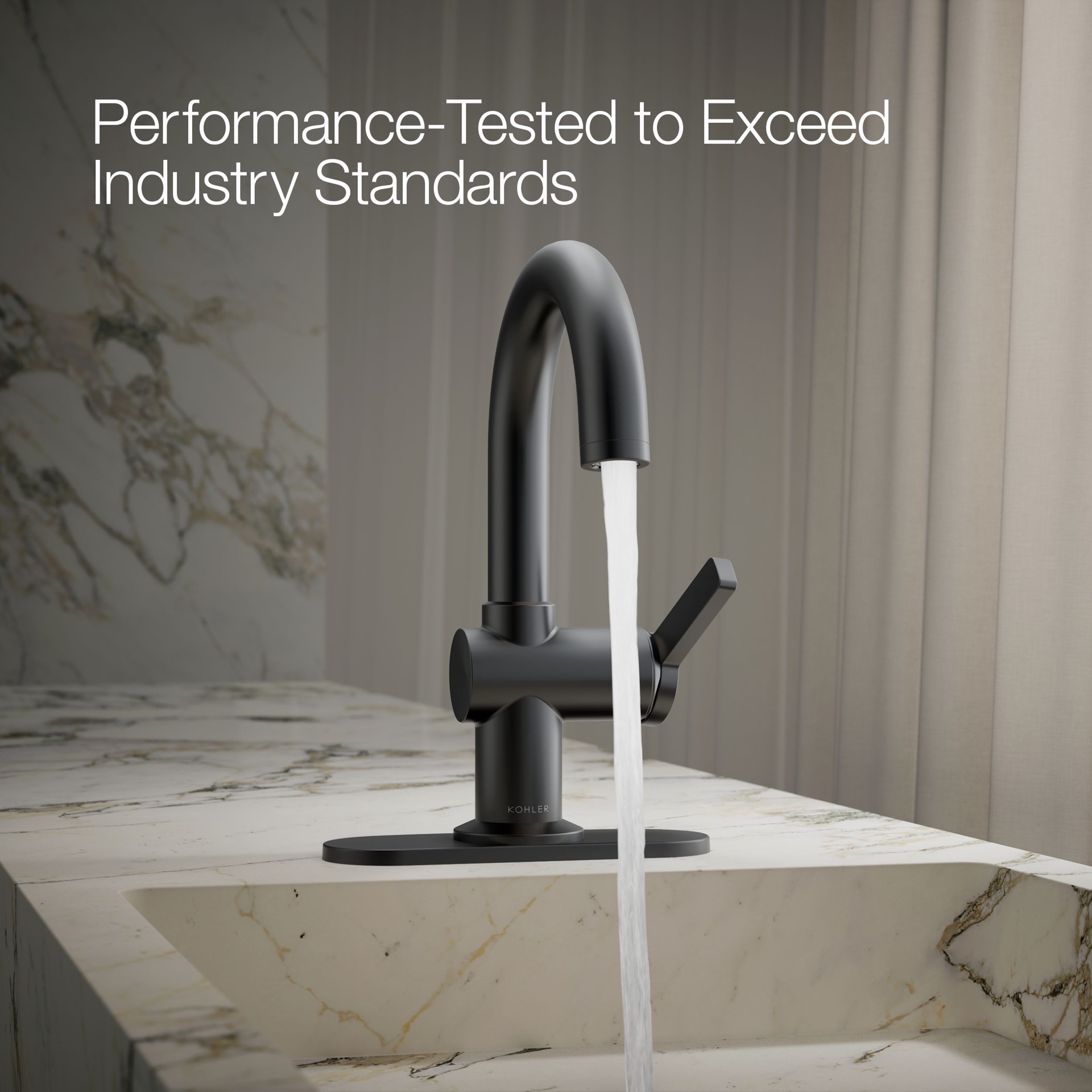 slide 3 of 6, KOHLER Premise Matte Black Single hole 1-handle WaterSense High-arc Residential Handle Bathroom Sink Faucet with Drain with Deck Plate, 1 ct