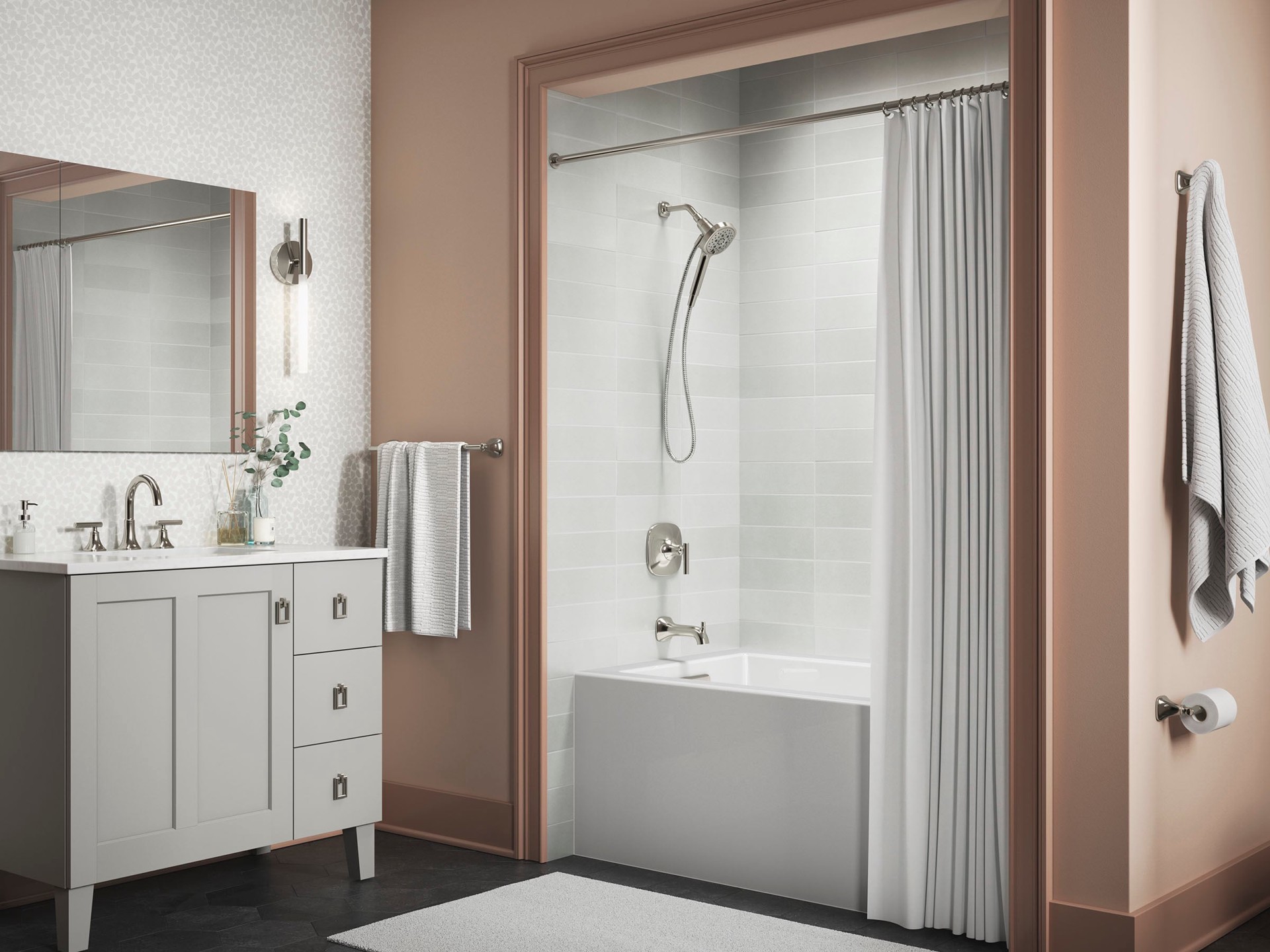 slide 2 of 6, KOHLER Rill Rite-Temp Vibrant Polished Nickel 1-handle 4.59-in Round Bathtub and shower Faucet with Valve (Handheld), 1 ct