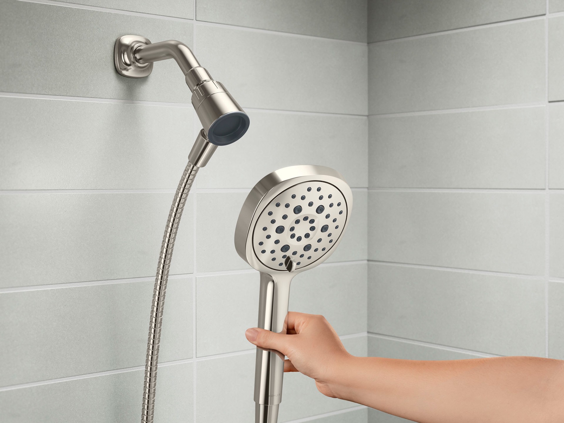 slide 4 of 6, KOHLER Rill Rite-Temp Vibrant Polished Nickel 1-handle 4.59-in Round Bathtub and shower Faucet with Valve (Handheld), 1 ct