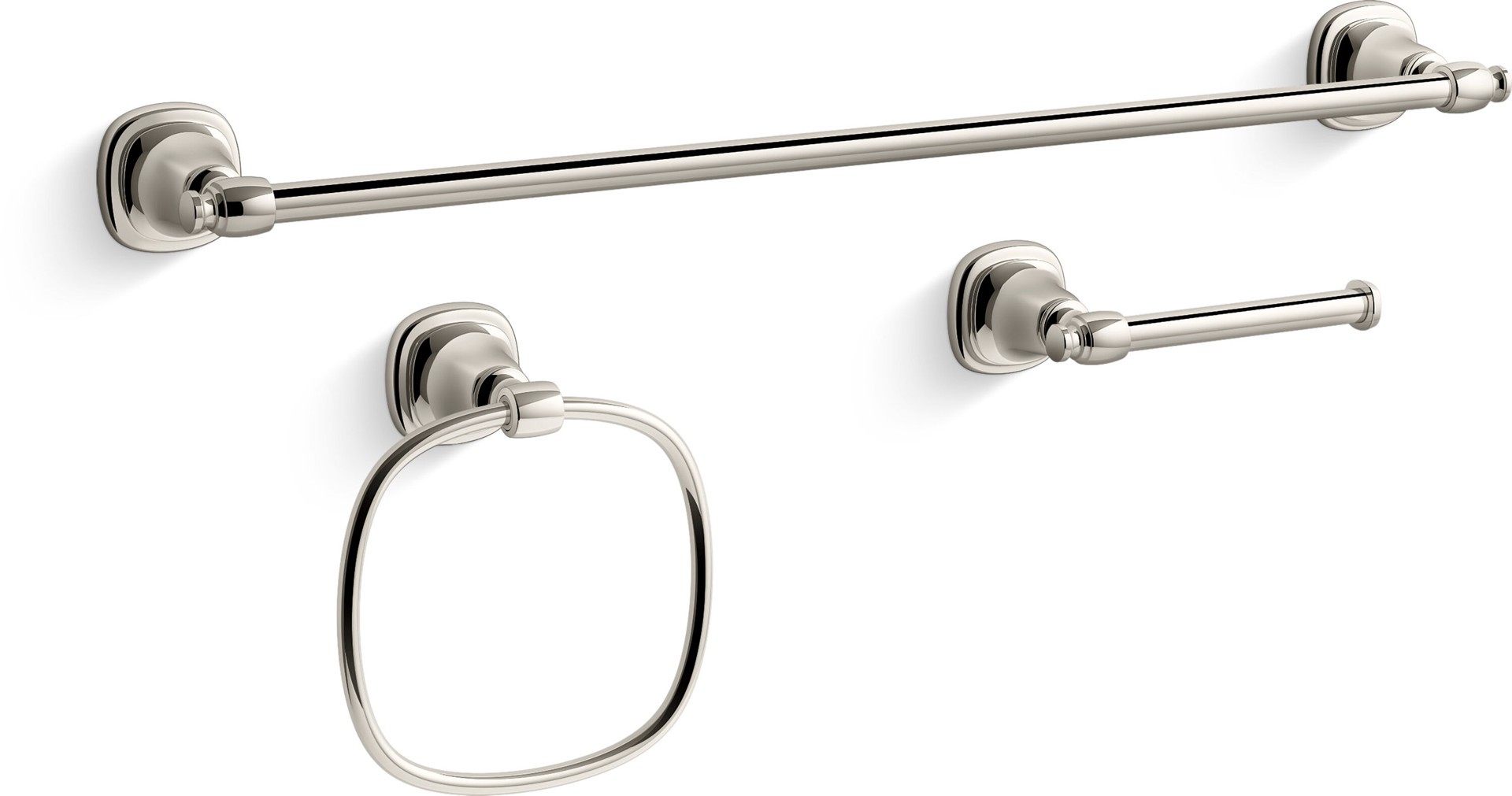 slide 3 of 6, KOHLER 3 -Piece Florez Vibrant Polished Nickel Decorative Bathroom Hardware Set Towel Bar, Toilet Paper Holder, Towel Ring Included, 1 ct