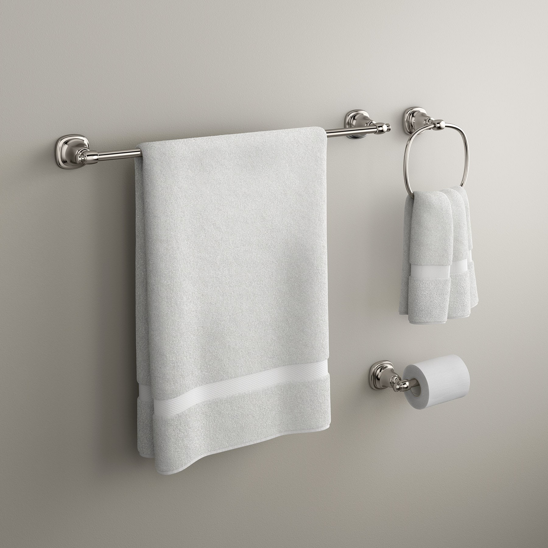 slide 4 of 6, KOHLER 3 -Piece Florez Vibrant Polished Nickel Decorative Bathroom Hardware Set Towel Bar, Toilet Paper Holder, Towel Ring Included, 1 ct
