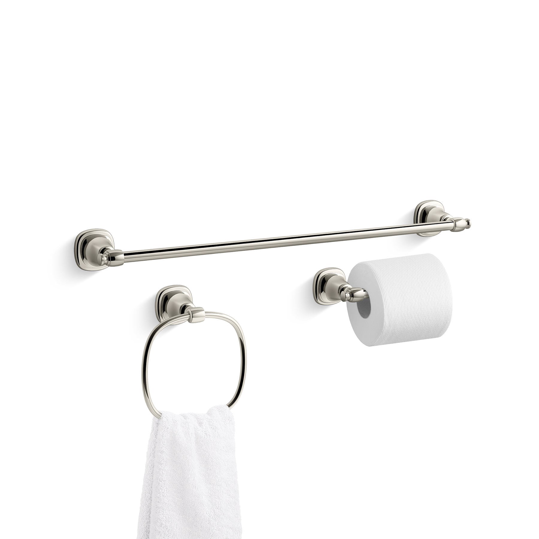 slide 5 of 6, KOHLER 3 -Piece Florez Vibrant Polished Nickel Decorative Bathroom Hardware Set Towel Bar, Toilet Paper Holder, Towel Ring Included, 1 ct