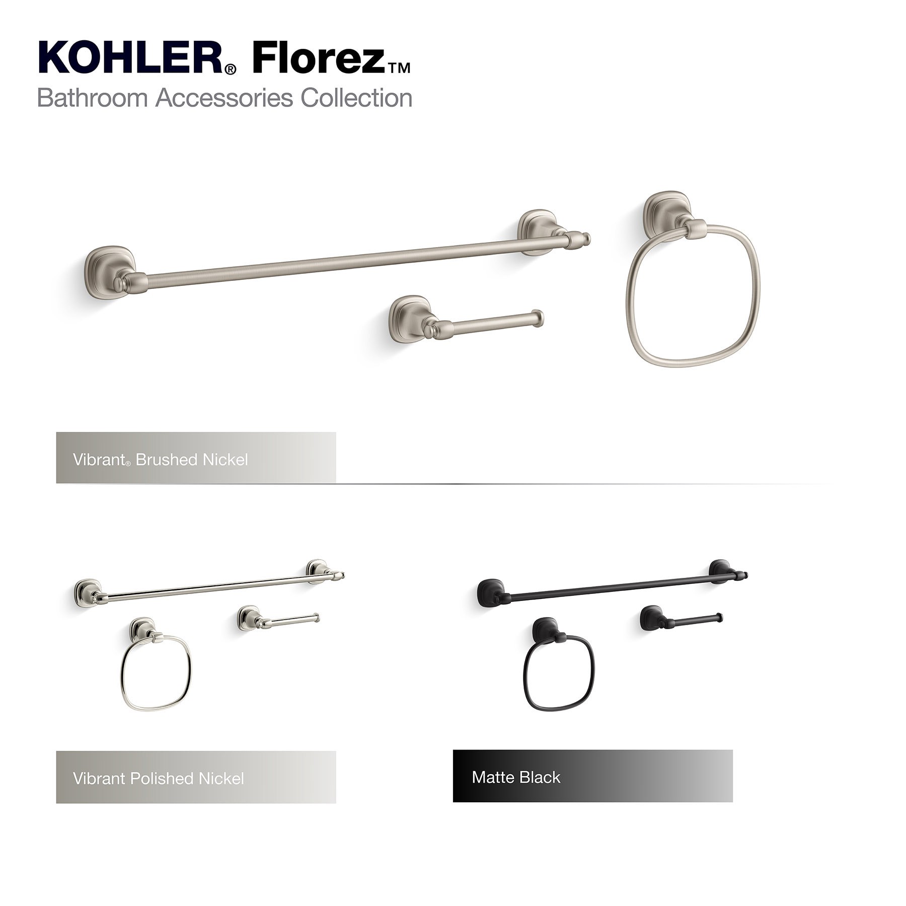 slide 6 of 6, KOHLER 3 -Piece Florez Vibrant Polished Nickel Decorative Bathroom Hardware Set Towel Bar, Toilet Paper Holder, Towel Ring Included, 1 ct