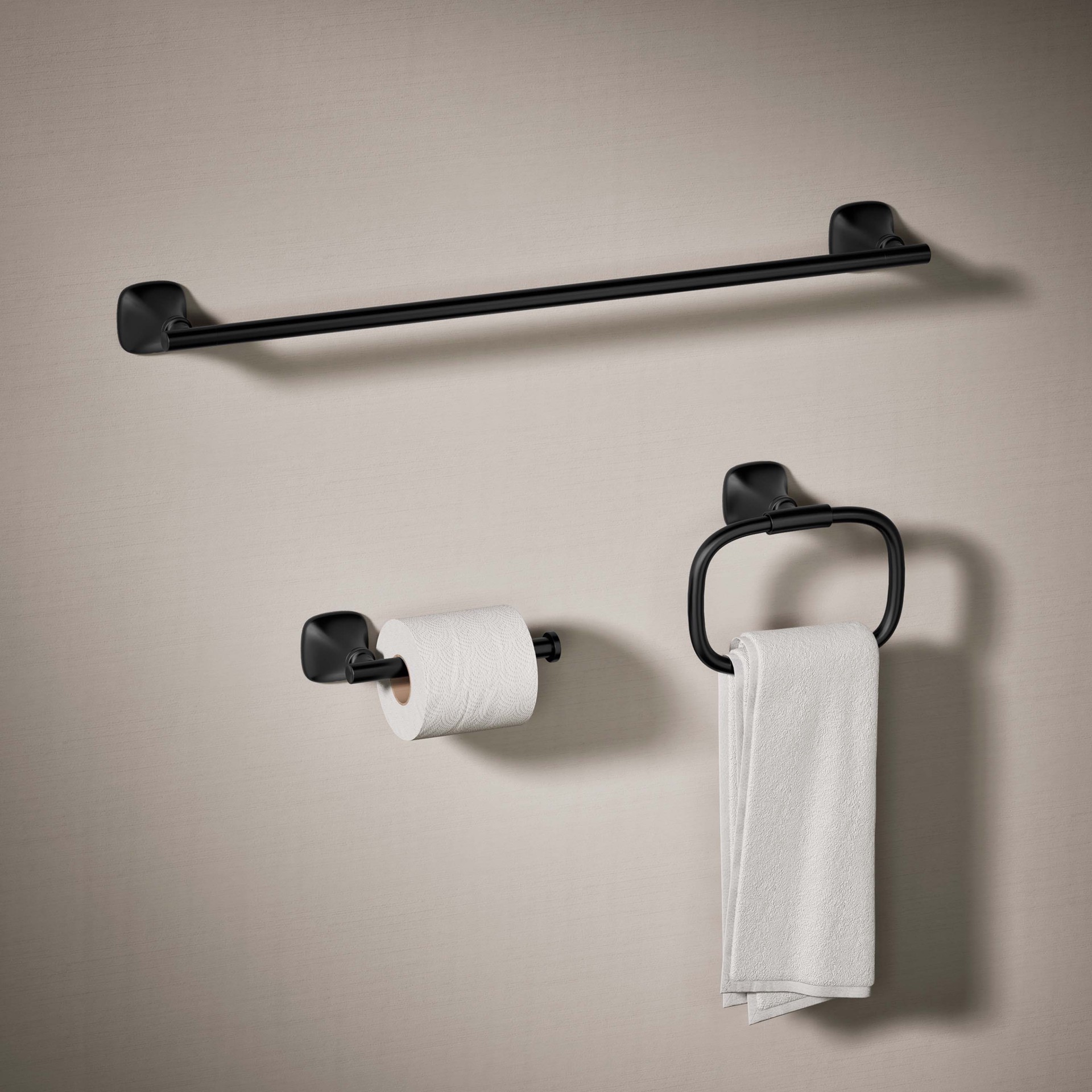 slide 2 of 6, KOHLER 3 -Piece Rill Matte Black Decorative Bathroom Hardware Set Towel Bar, Toilet Paper Holder, Towel Ring Included, 1 ct