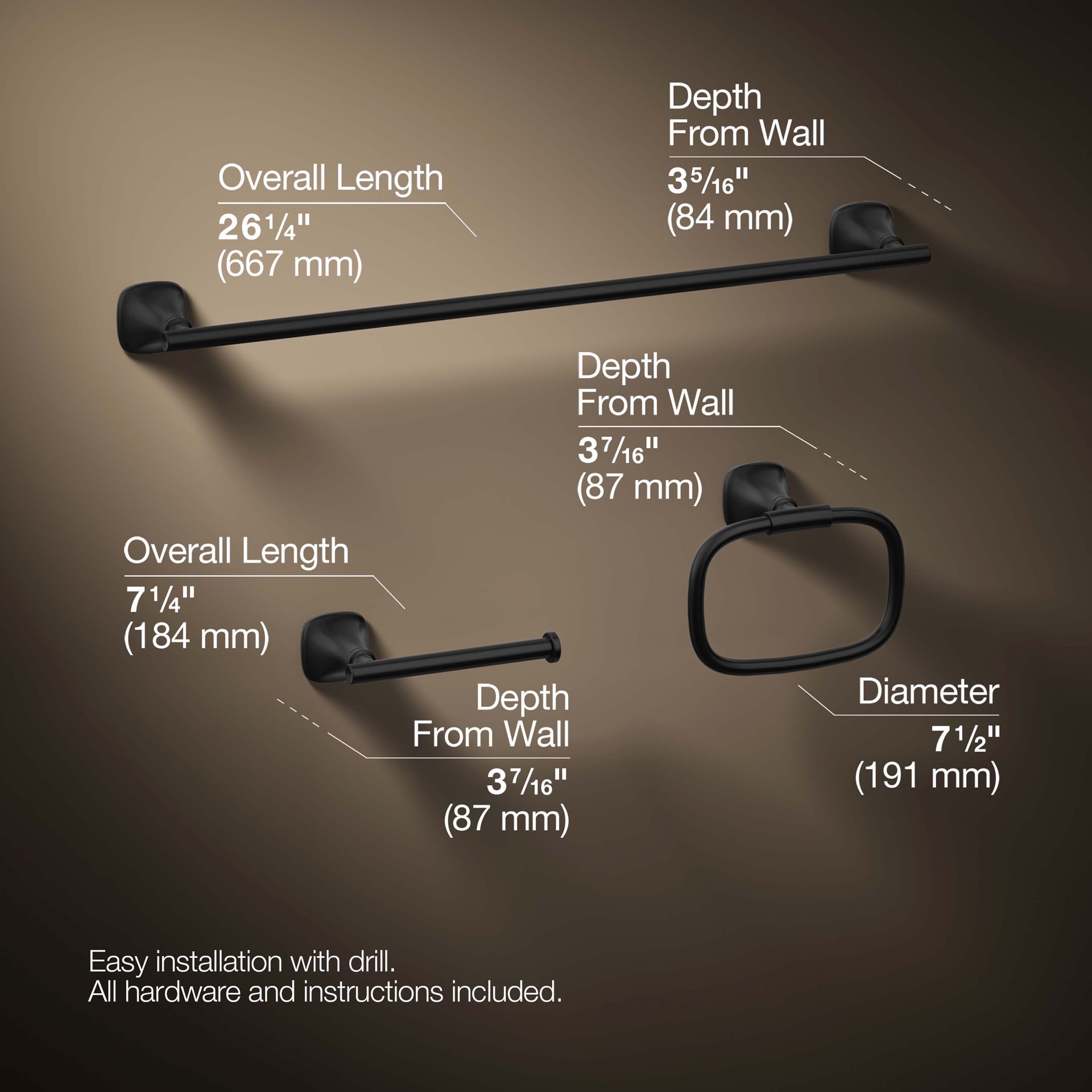 slide 3 of 6, KOHLER 3 -Piece Rill Matte Black Decorative Bathroom Hardware Set Towel Bar, Toilet Paper Holder, Towel Ring Included, 1 ct