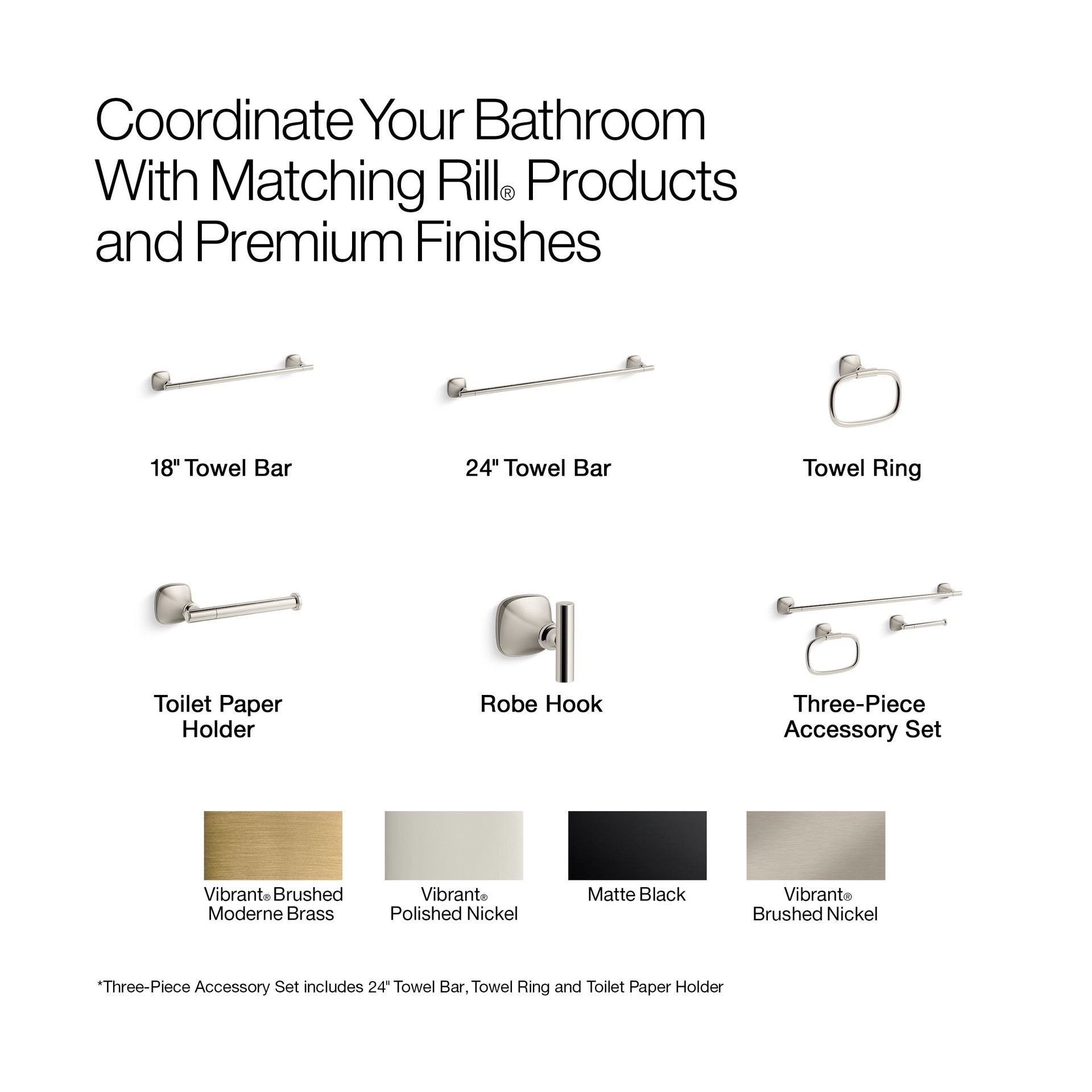 slide 5 of 6, KOHLER 3 -Piece Rill Matte Black Decorative Bathroom Hardware Set Towel Bar, Toilet Paper Holder, Towel Ring Included, 1 ct