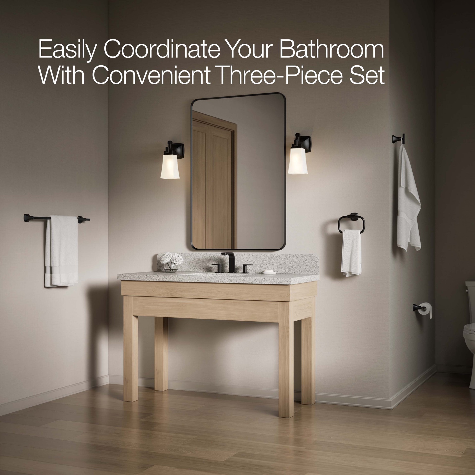 slide 6 of 6, KOHLER 3 -Piece Rill Matte Black Decorative Bathroom Hardware Set Towel Bar, Toilet Paper Holder, Towel Ring Included, 1 ct