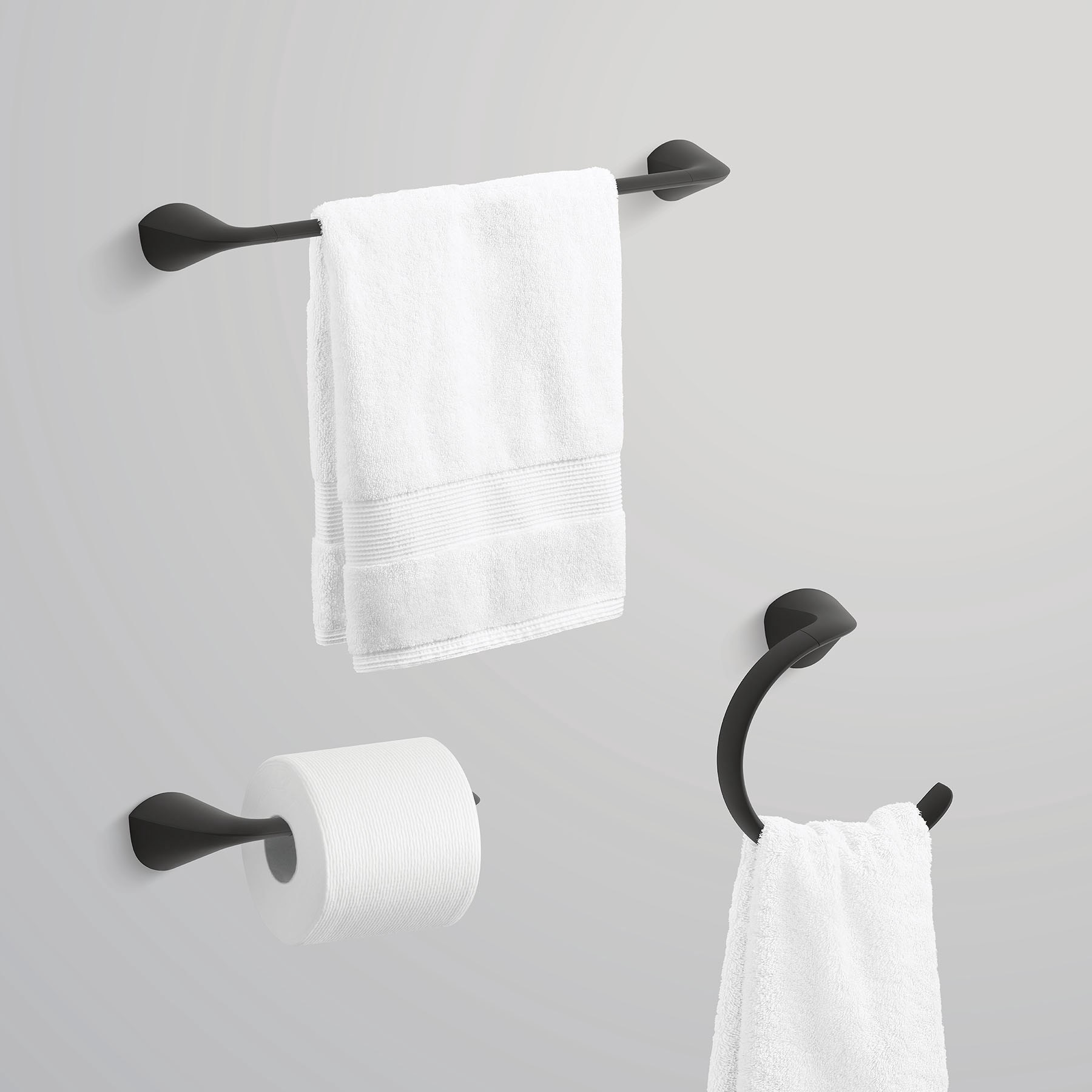 slide 2 of 6, KOHLER 3 -Piece Avail Matte Black Decorative Bathroom Hardware Set Towel Bar, Toilet Paper Holder, Towel Ring Included, 1 ct