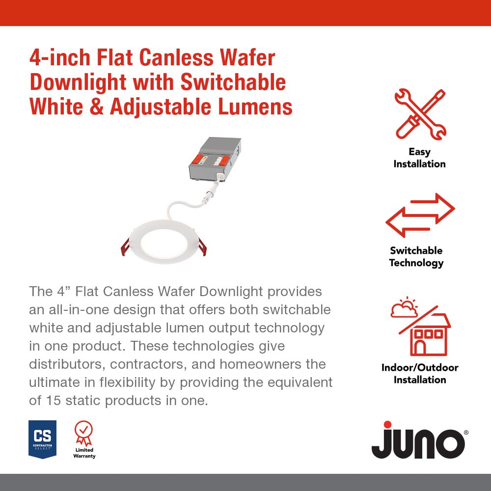 slide 2 of 6, Juno 6 Pack Contractor Select WF4 Matte White 4-in 1100 -Lumens Switchable Round Dimmable LED Canless Wet rated Recessed Downlight 6 -Pack, 1 ct