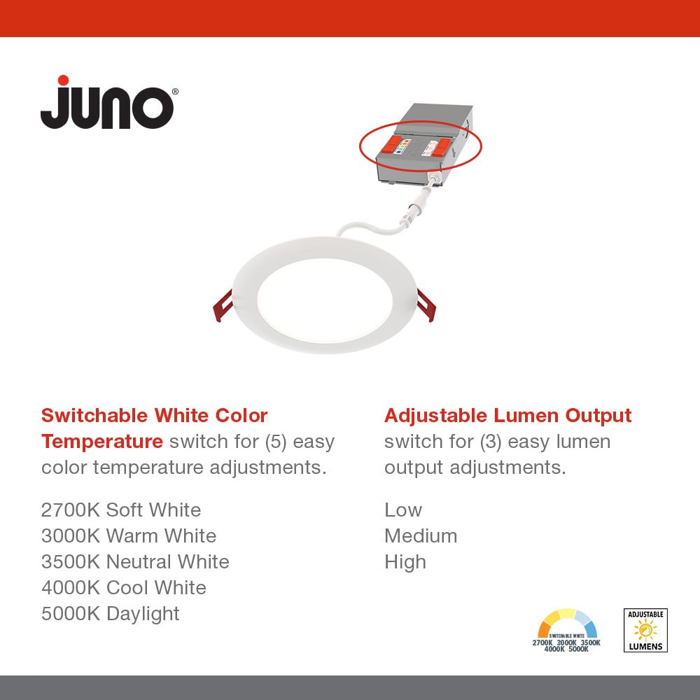 slide 3 of 6, Juno 6 Pack Contractor Select WF4 Matte White 4-in 1100 -Lumens Switchable Round Dimmable LED Canless Wet rated Recessed Downlight 6 -Pack, 1 ct