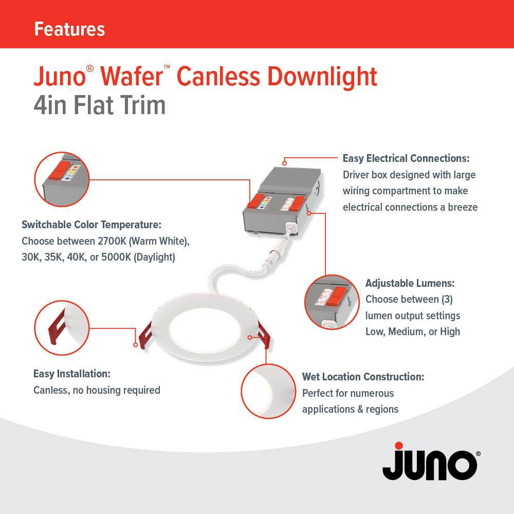 slide 3 of 6, Juno 6 Pack Contractor Select WF4 Matte White 4-in 1100 -Lumens Switchable Round Dimmable LED Canless Wet rated Recessed Downlight 6 -Pack, 1 ct