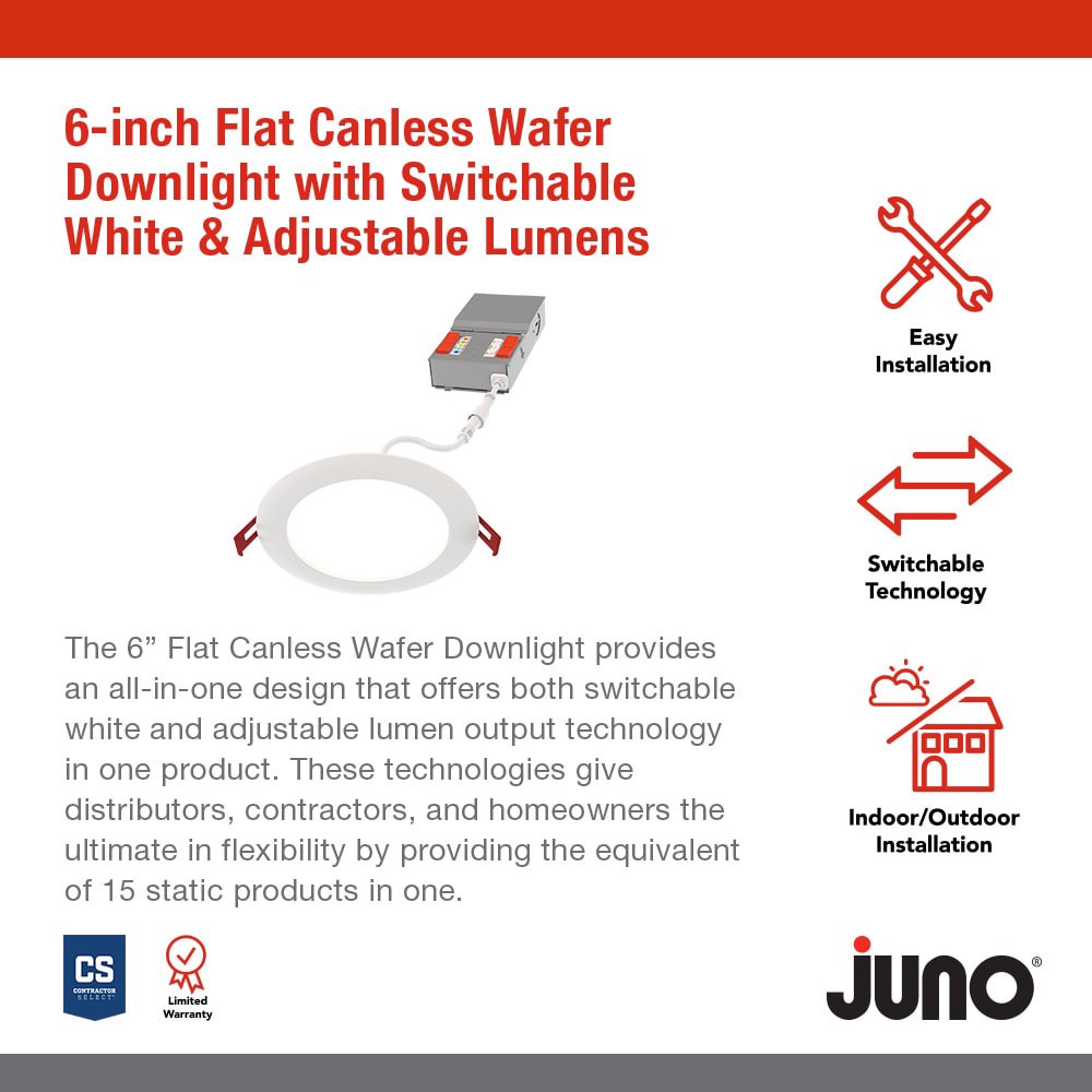 slide 2 of 6, Juno 6 Pack Contractor Select WF6 Matte White 6-in 1300 -Lumens Switchable Round Dimmable LED Canless Wet rated Recessed Downlight 6 -Pack, 1 ct