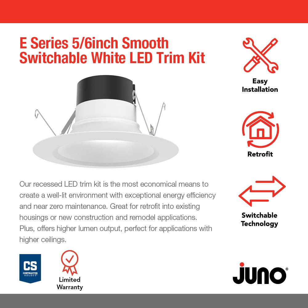 slide 2 of 6, Juno 6 Pack Contractor Select Retrofit Matte 5-in or 6-in 1200 -Lumens Switchable Round Dimmable LED Wet rated Recessed Downlight 6 -Pack, 1 ct