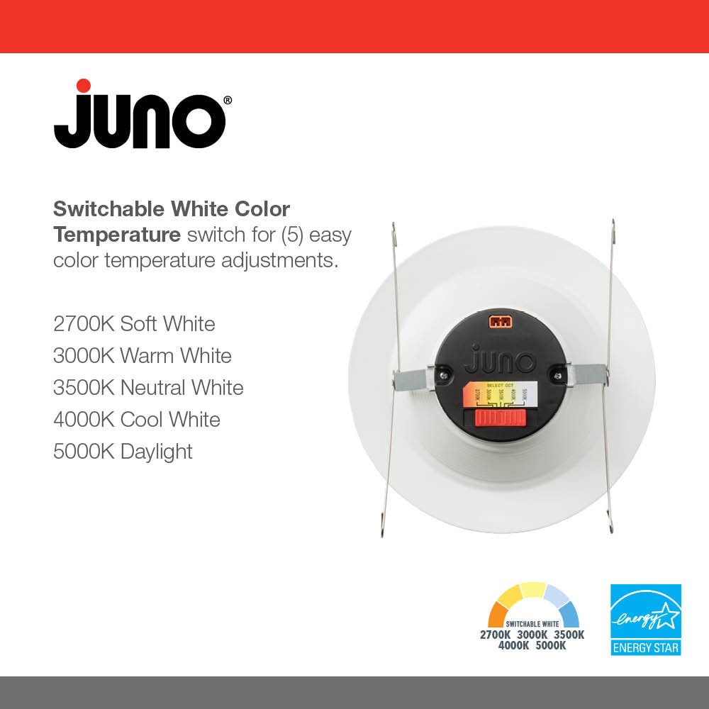 slide 3 of 6, Juno 6 Pack Contractor Select Retrofit Matte 5-in or 6-in 1200 -Lumens Switchable Round Dimmable LED Wet rated Recessed Downlight 6 -Pack, 1 ct