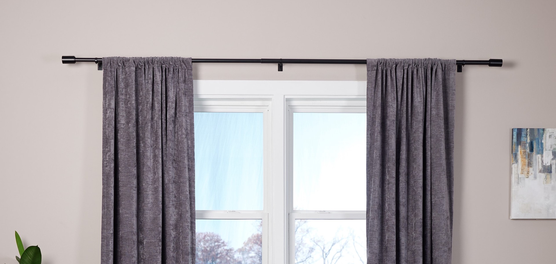 slide 5 of 6, Origin 21 72-in to 144-in Matte Black Iron Single Curtain Rod with Finials, 1 ct