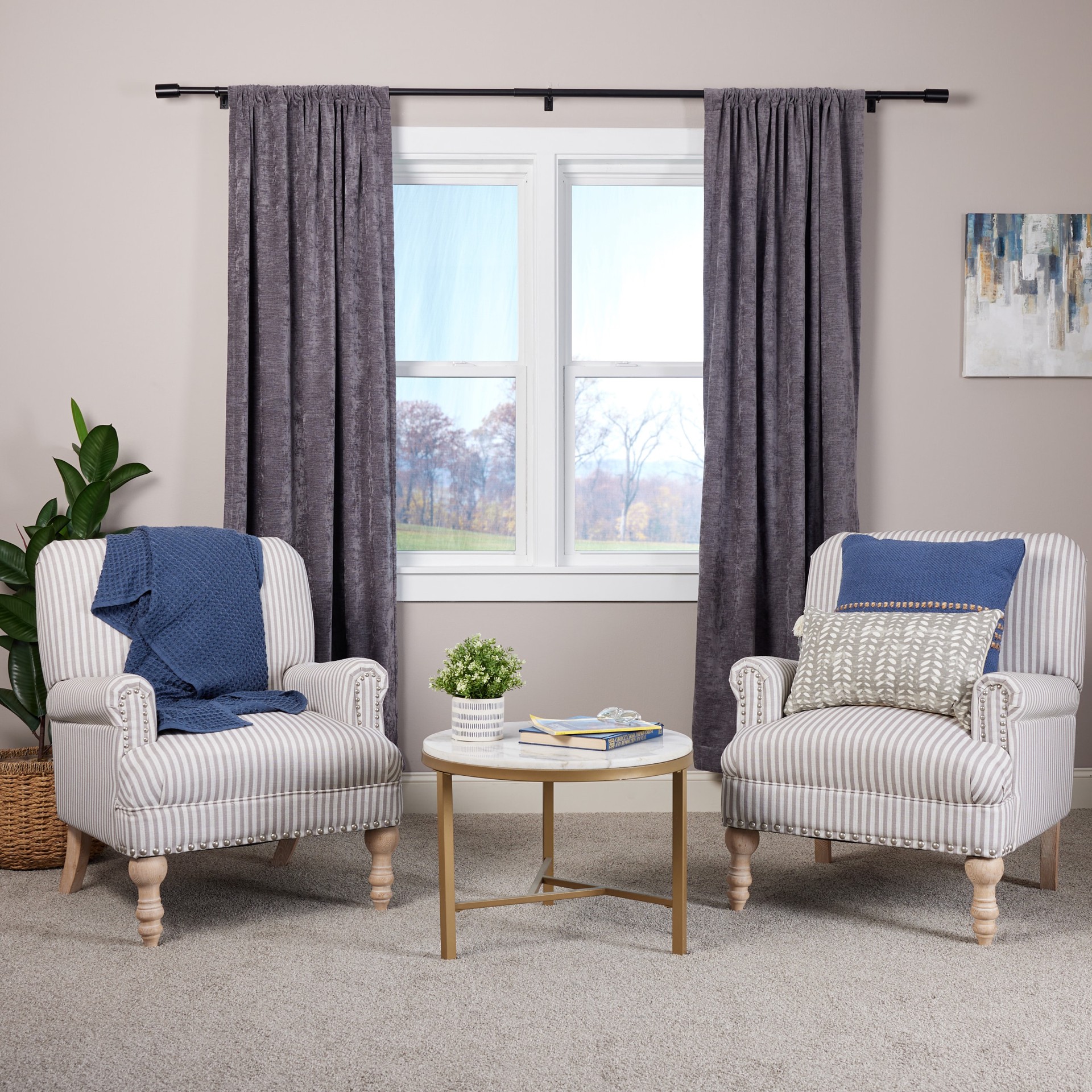 slide 6 of 6, Origin 21 72-in to 144-in Matte Black Iron Single Curtain Rod with Finials, 1 ct