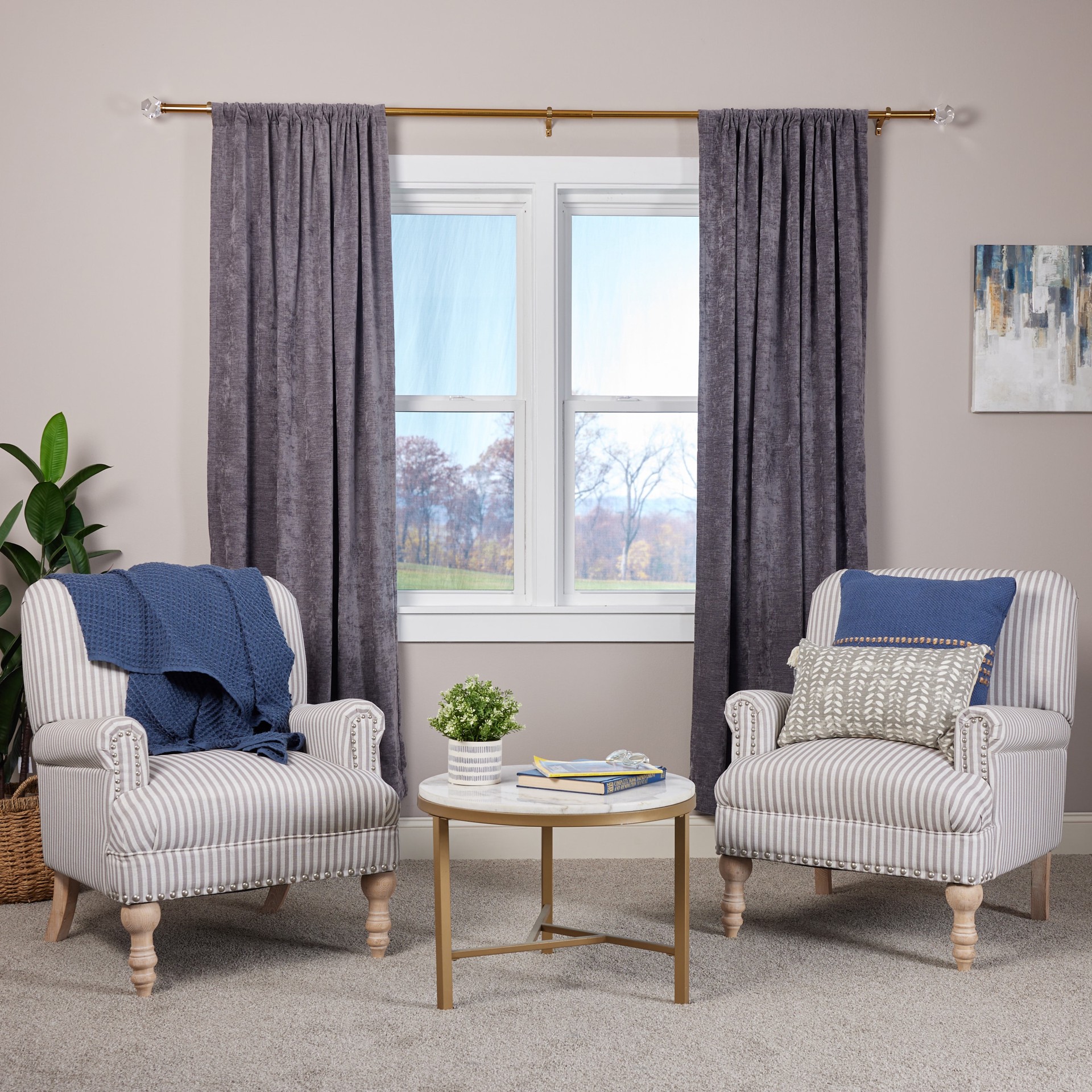 slide 6 of 6, Origin 21 72-in to 144-in Brushed Gold Iron Single Curtain Rod with Finials, 1 ct