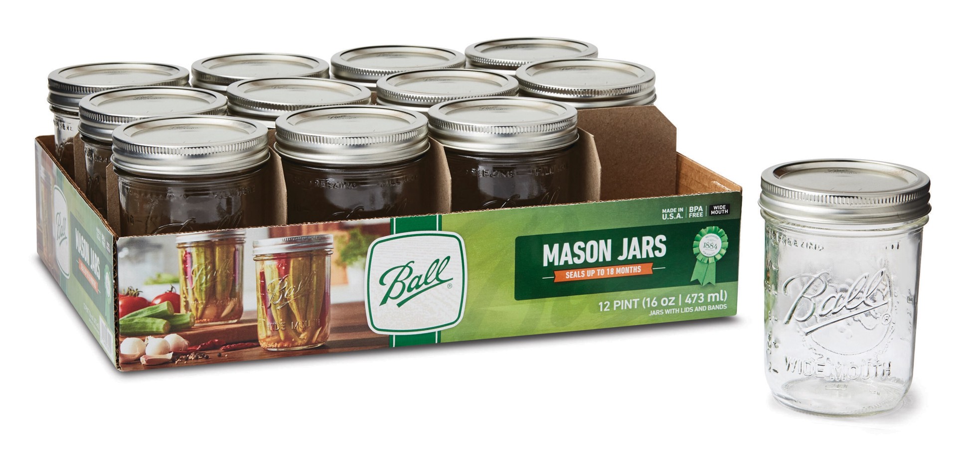 slide 1 of 5, Ball Wide Mouth 12 -Pack Pint Glass BPA-Free Reusable Canning jar with Lid, 1 ct