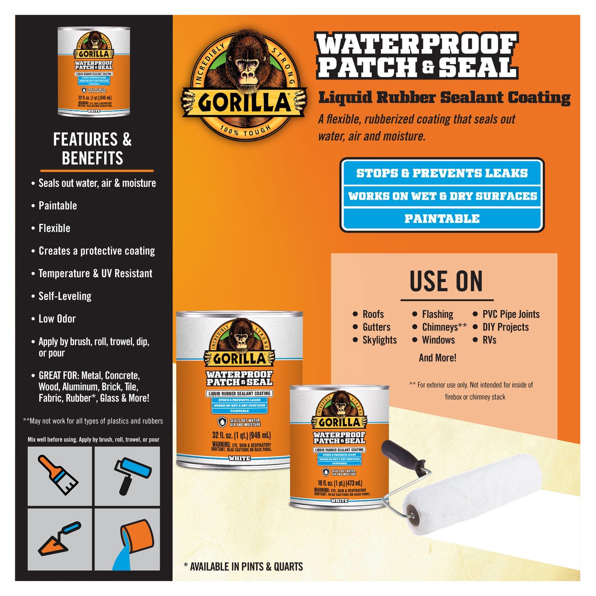 slide 4 of 6, Gorilla 32-fl oz White Pour Waterproof Rubberized Coating, 1 ct