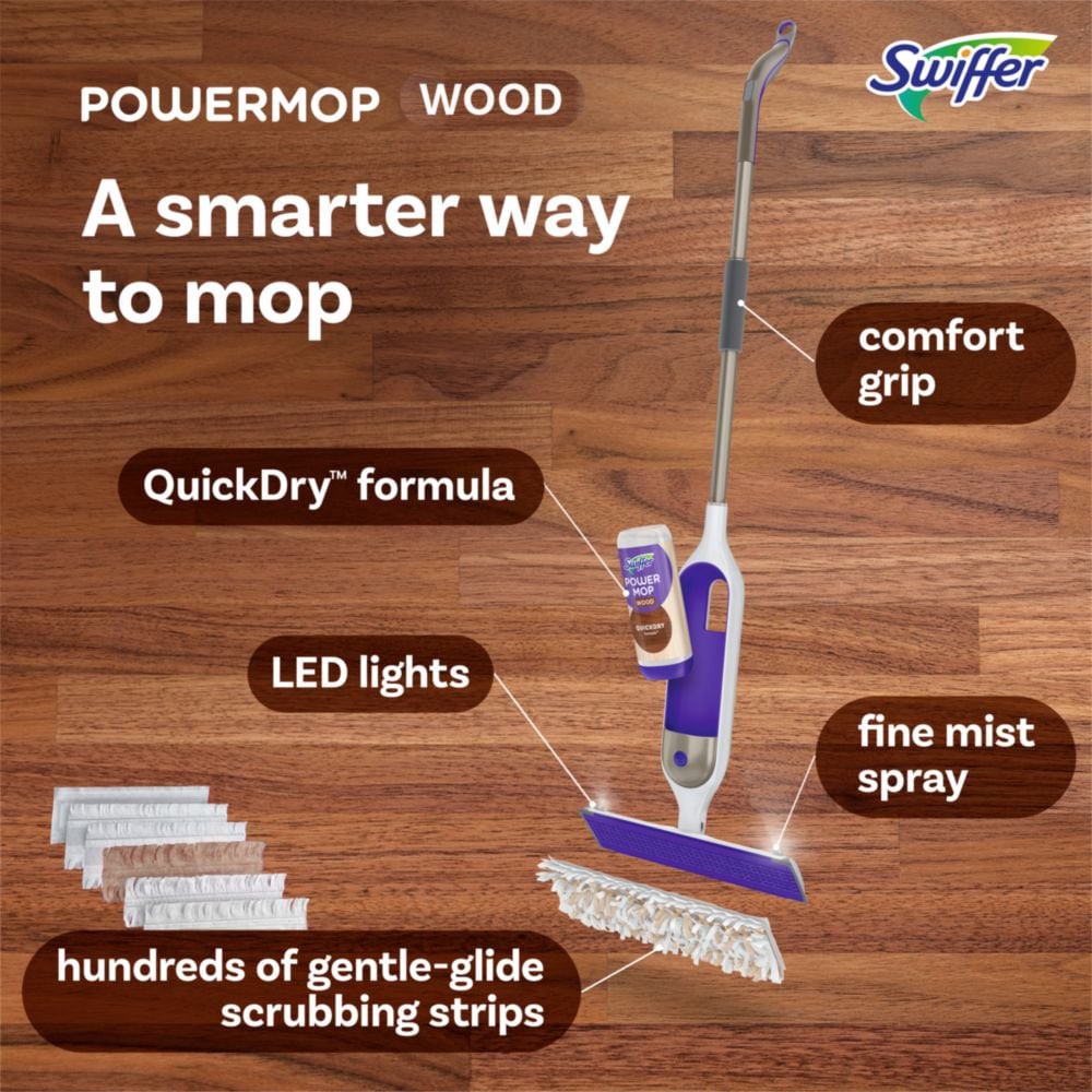 slide 3 of 6, Swiffer Power Mop WOOD Double Nozzle 25.4-fl oz Spray Mop, 1 ct