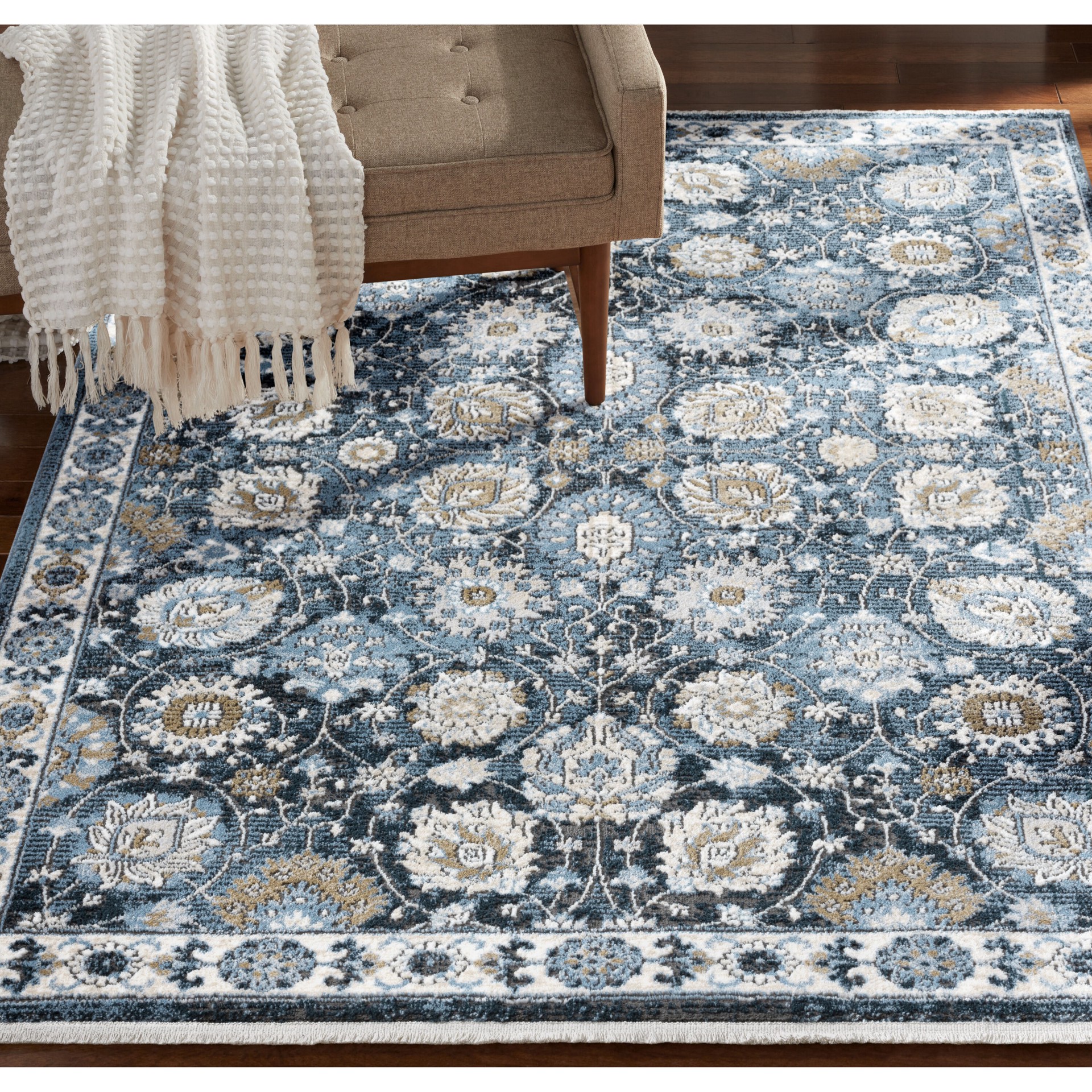 slide 5 of 6, allen + roth Blue Garden 5 x 7 (ft) Loomed Blue Rectangular Indoor Floral/Botanical Pet Friendly Area rug, 1 ct