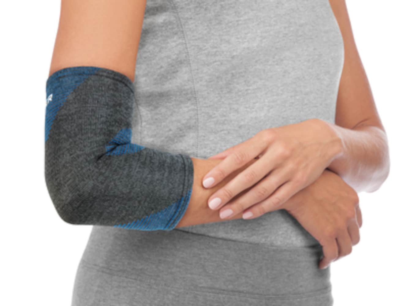 slide 2 of 3, Mueller Sports Medicine Mueller Compression Elbow- Provides Support and Compression, Gray, One Size Fits Most, 1 ct