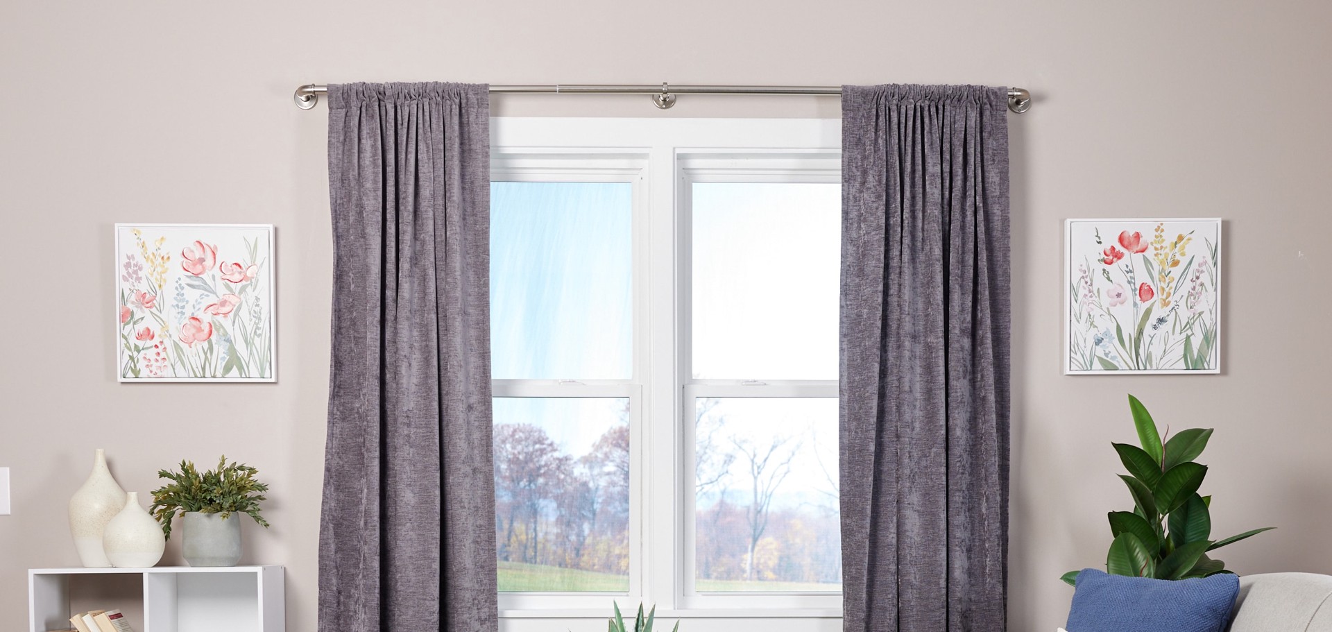 slide 5 of 6, allen + roth Blaine 36-in to 72-in Brushed Nickel Steel Single Curtain Rod, 1 ct